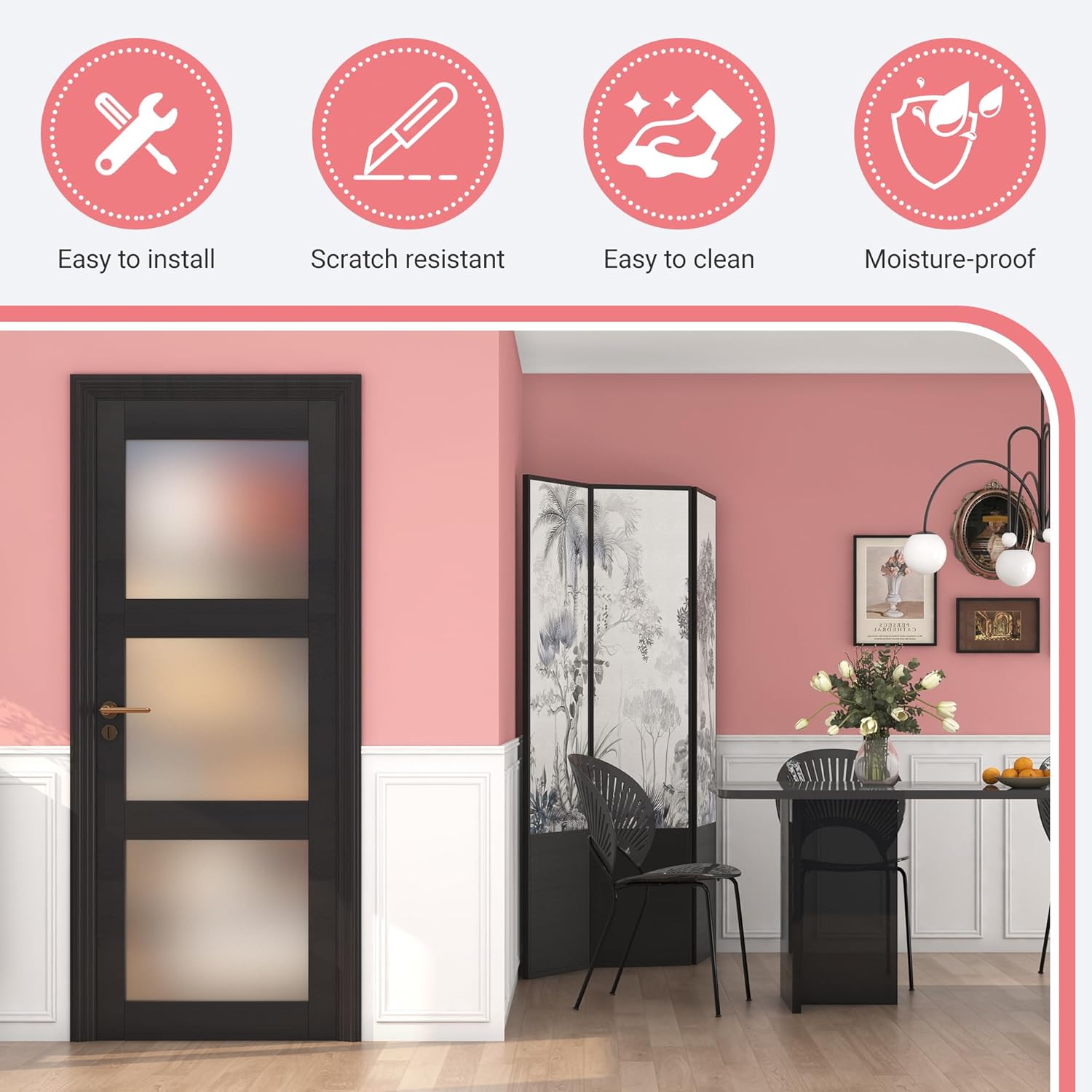 32" x 80" Frosted Glass Slab Door, 3-Lite Glass French Interior Door, Pre-Assembled Solid Wood Barn, Pocket Doors for Living Room Pantry Laundry Closet Bathroom Black Pre-Finished Surface w/o Hardware