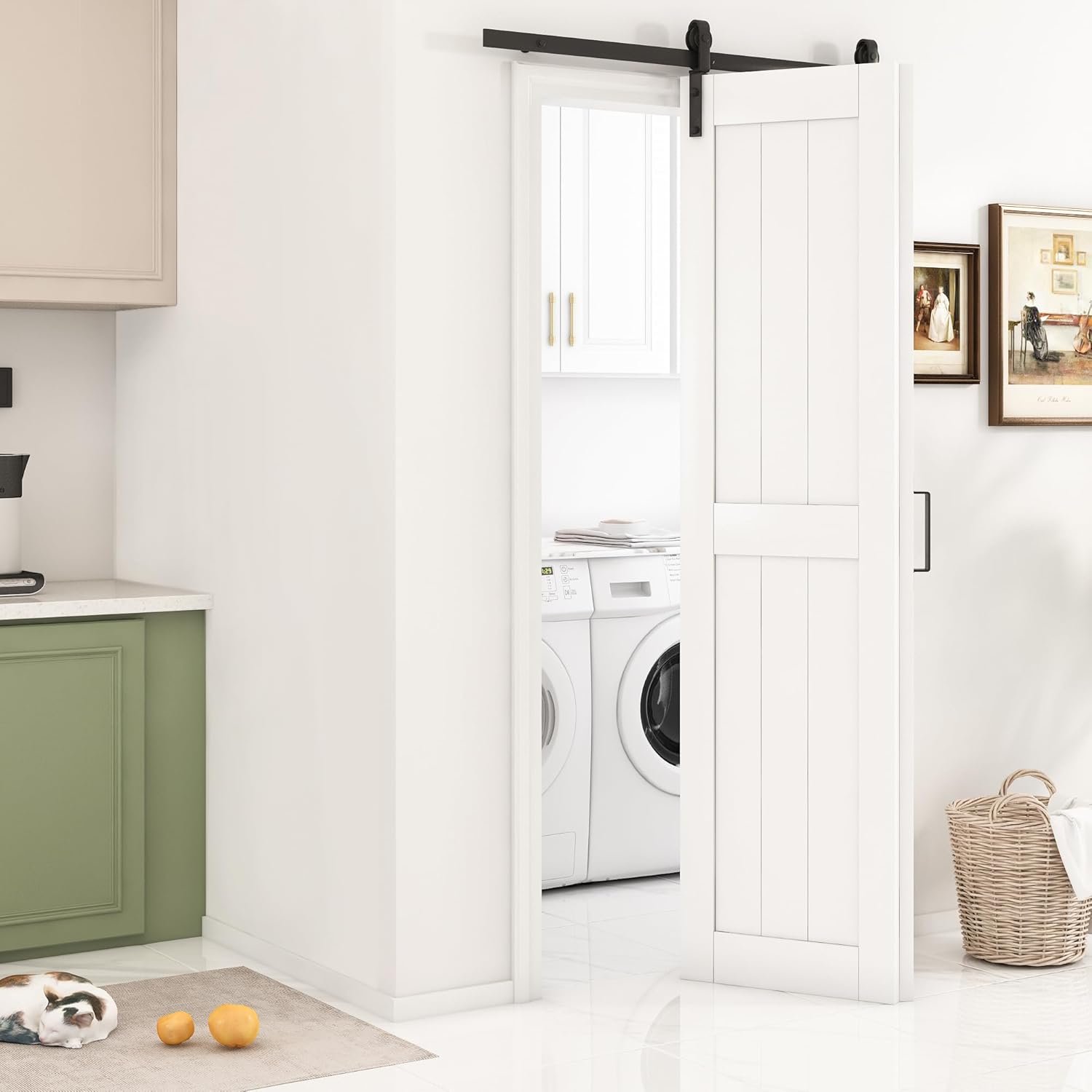 Bifold Barn Door 36 in x 84 in (Double 18 inch) with 40" Hardware Track kit Included, Double Bi-fold Sliding Doors, Solid Wood, Waterproof PVC Surface, Easy Assembly, Save Space, White