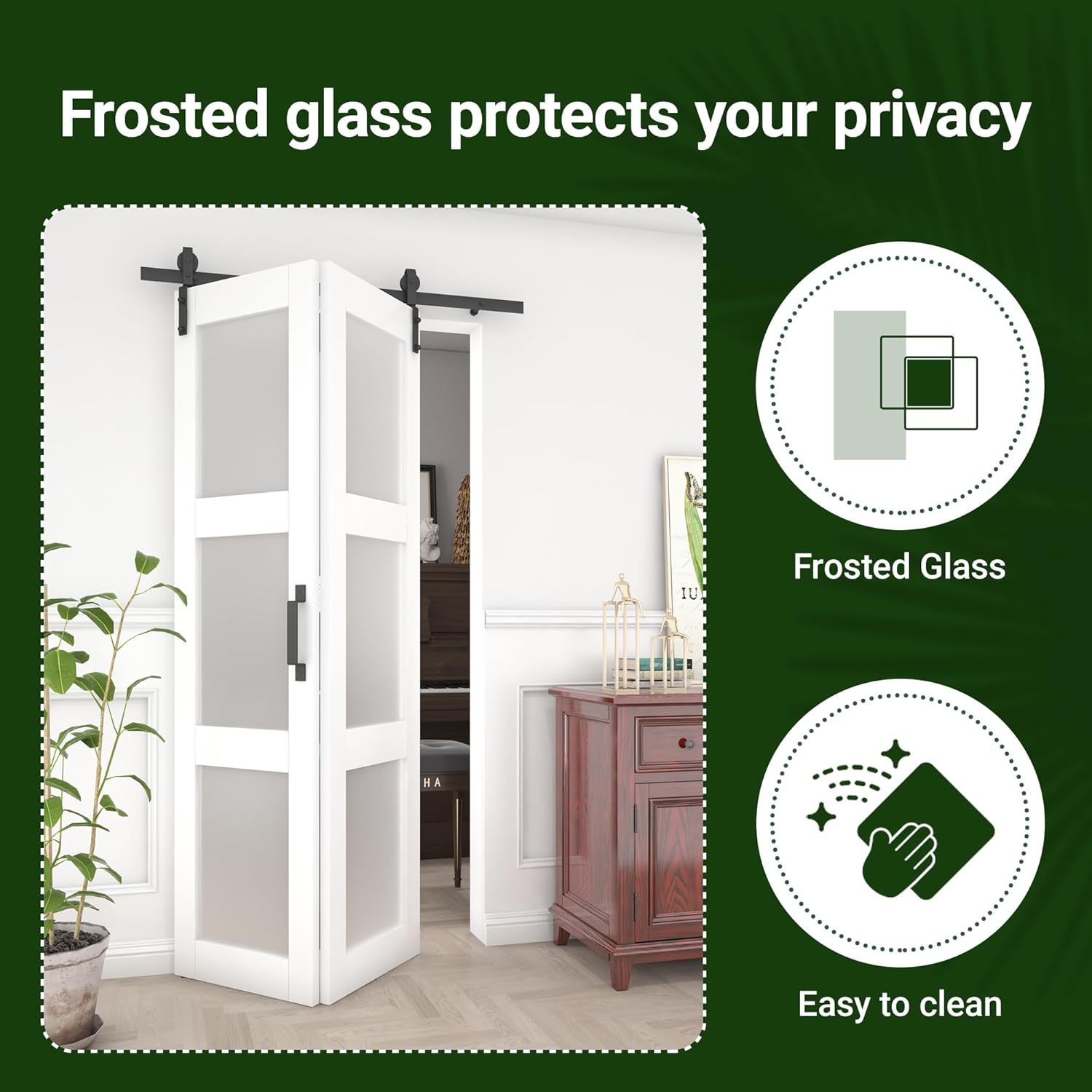 Bifold Frosted Glass Barn Door 48 in x 84 in (Double 24 inch) with 52" Hardware Track kit Included, Double Sliding Doors, Solid Wood, Waterproof PVC Surface, Easy Assembly, Save Space, White
