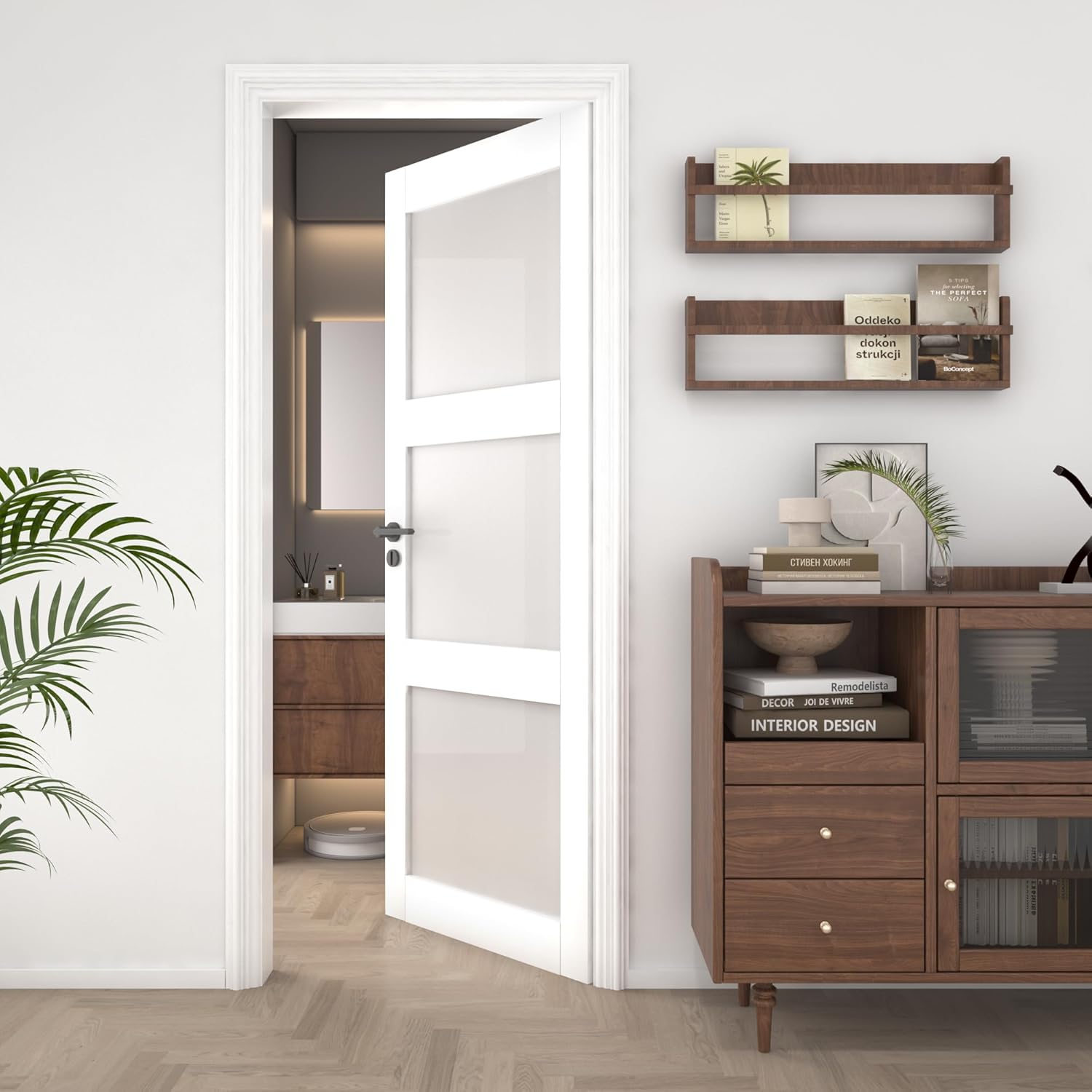 24"x 80" Frosted Glass Slab Door, 3-Panel Interior Doors Solid Wood French Door Slab DIY for Pantry Laundry Bathroom White Pre-Finished Surface