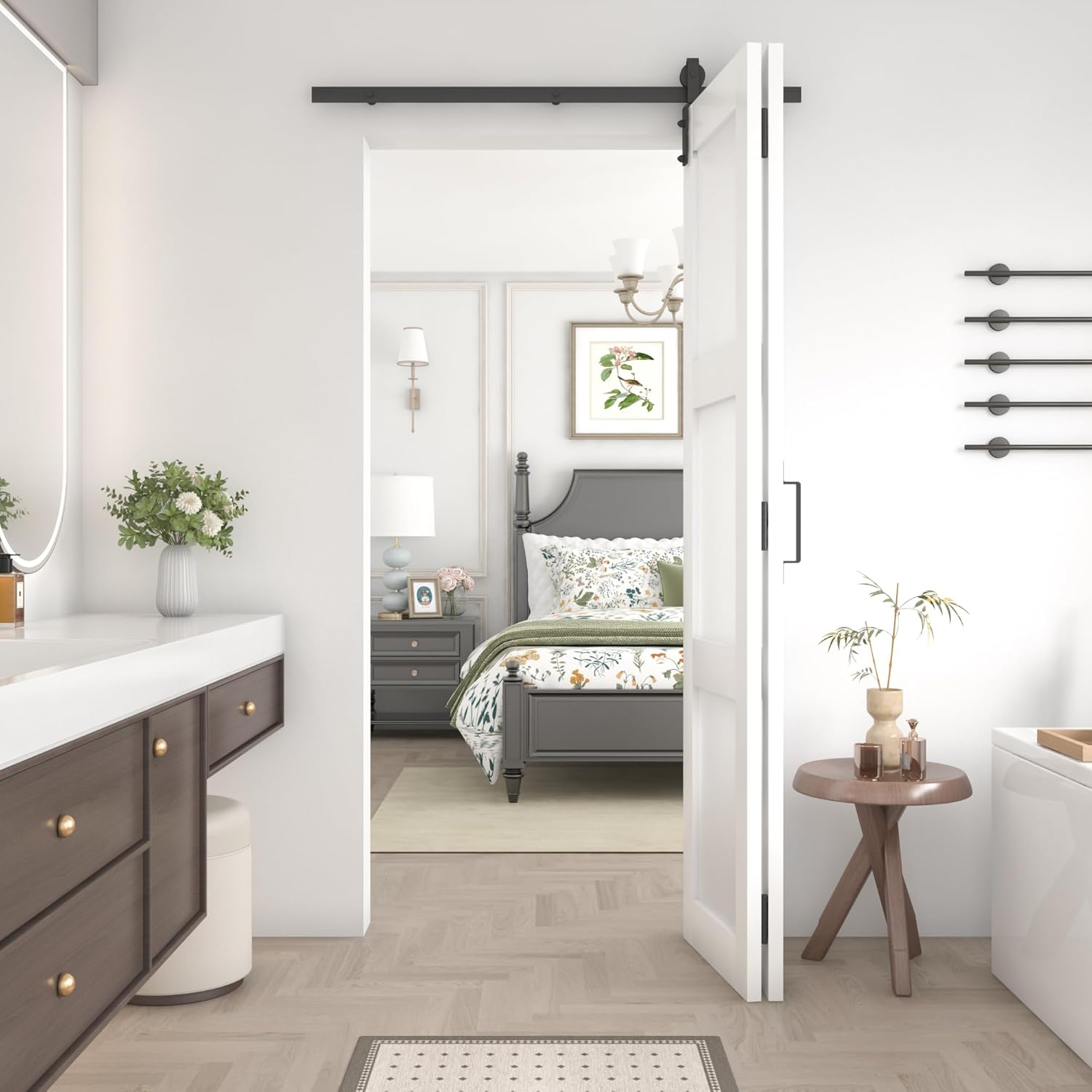 Bifold Frosted Glass Barn Door 48 in x 84 in (Double 24 inch) with 52" Hardware Track kit Included, Double Sliding Doors, Solid Wood, Waterproof PVC Surface, Easy Assembly, Save Space, White