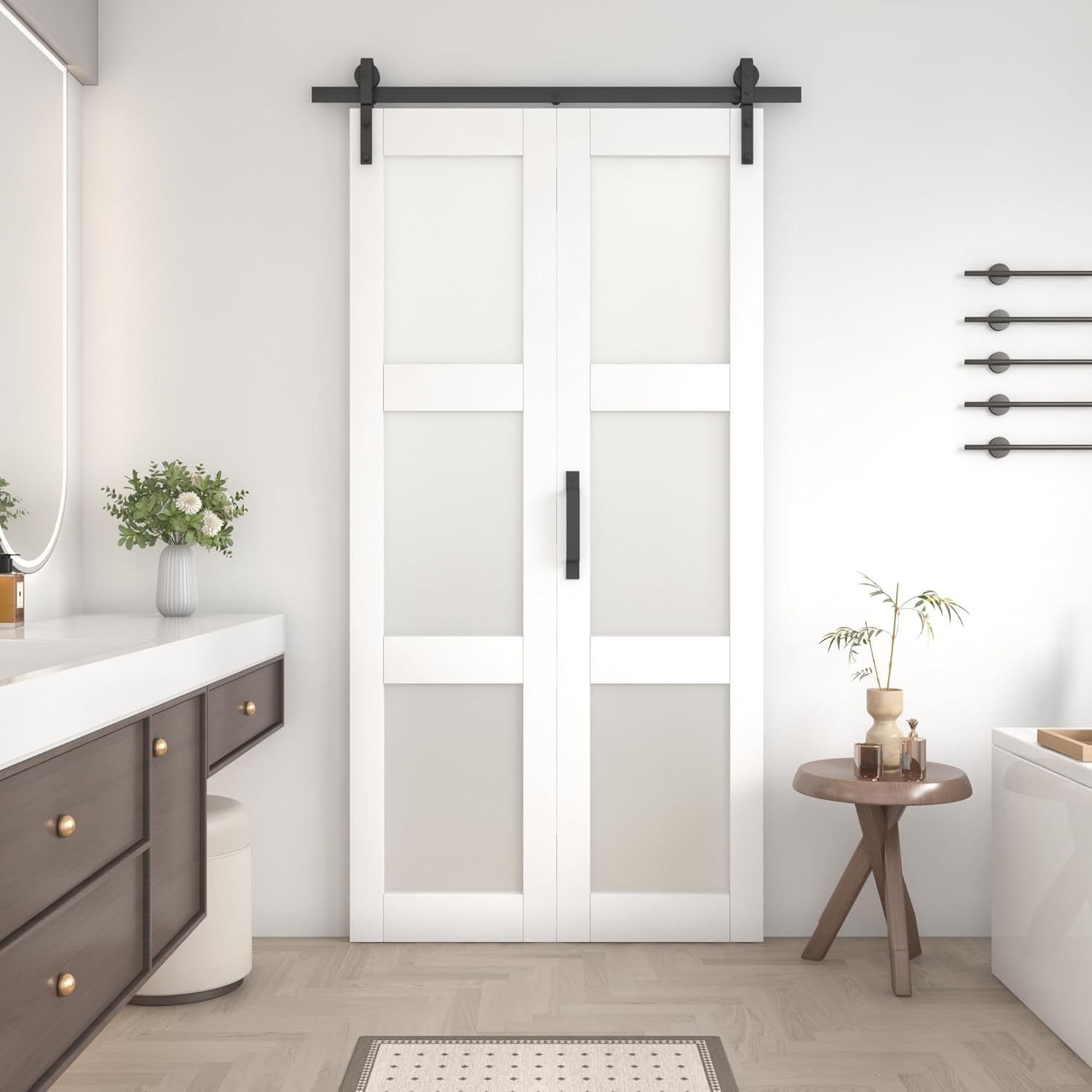 Bifold Frosted Glass Barn Door 48 in x 84 in (Double 24 inch) with 52" Hardware Track kit Included, Double Sliding Doors, Solid Wood, Waterproof PVC Surface, Easy Assembly, Save Space, White
