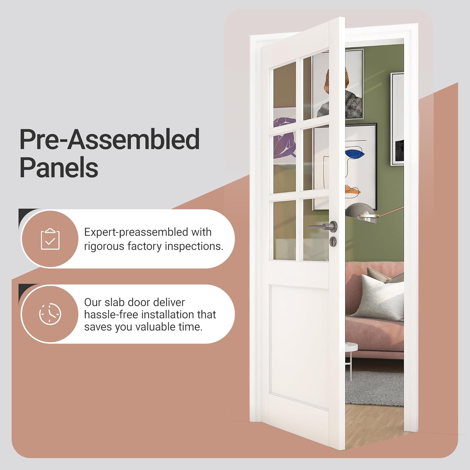 28" x 96" Clear Glass Slab Door, 6-Lite Glass French Interior Door, Pre-Assembled 1-Panel Solid Wood Barn, Pocket Doors for Living Room Pantry Laundry Closet White Pre-Finished Surface w/o Hardware