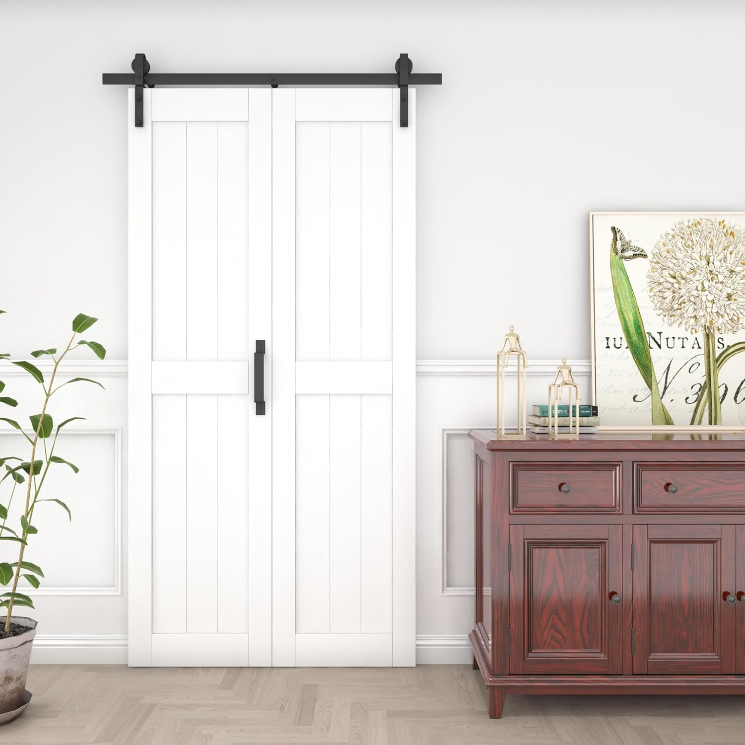 Bifold Barn Door 36 in x 84 in (Double 18 inch) with 40" Hardware Track kit Included, Double Bi-fold Sliding Doors, Solid Wood, Waterproof PVC Surface, Easy Assembly, Save Space, White