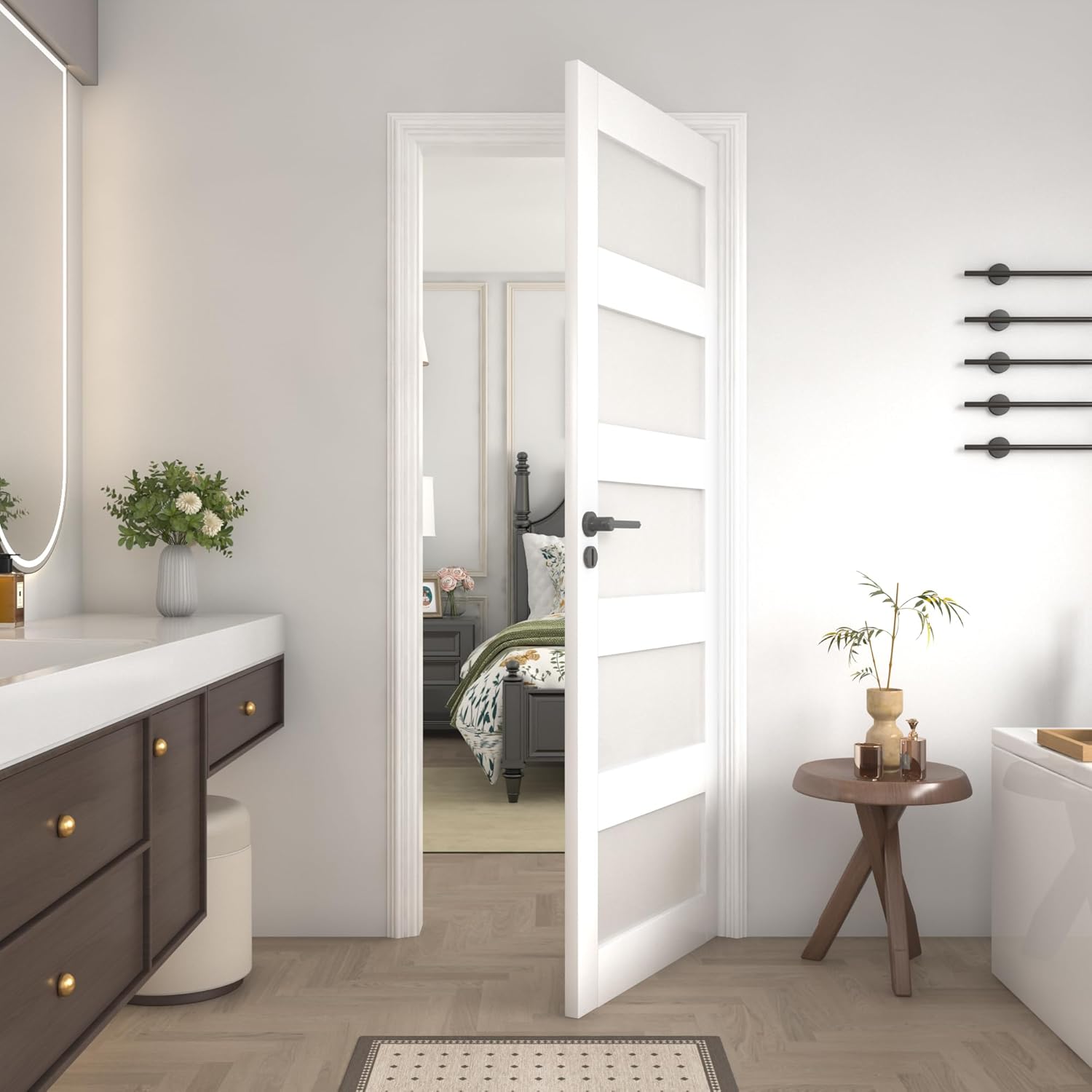 32"x 80" Frosted Glass Slab Door, 5-Panel Interior Doors Solid Wood French Door Slab DIY for Pantry Closet Laundry Bathroom White Pre-Finished Surface