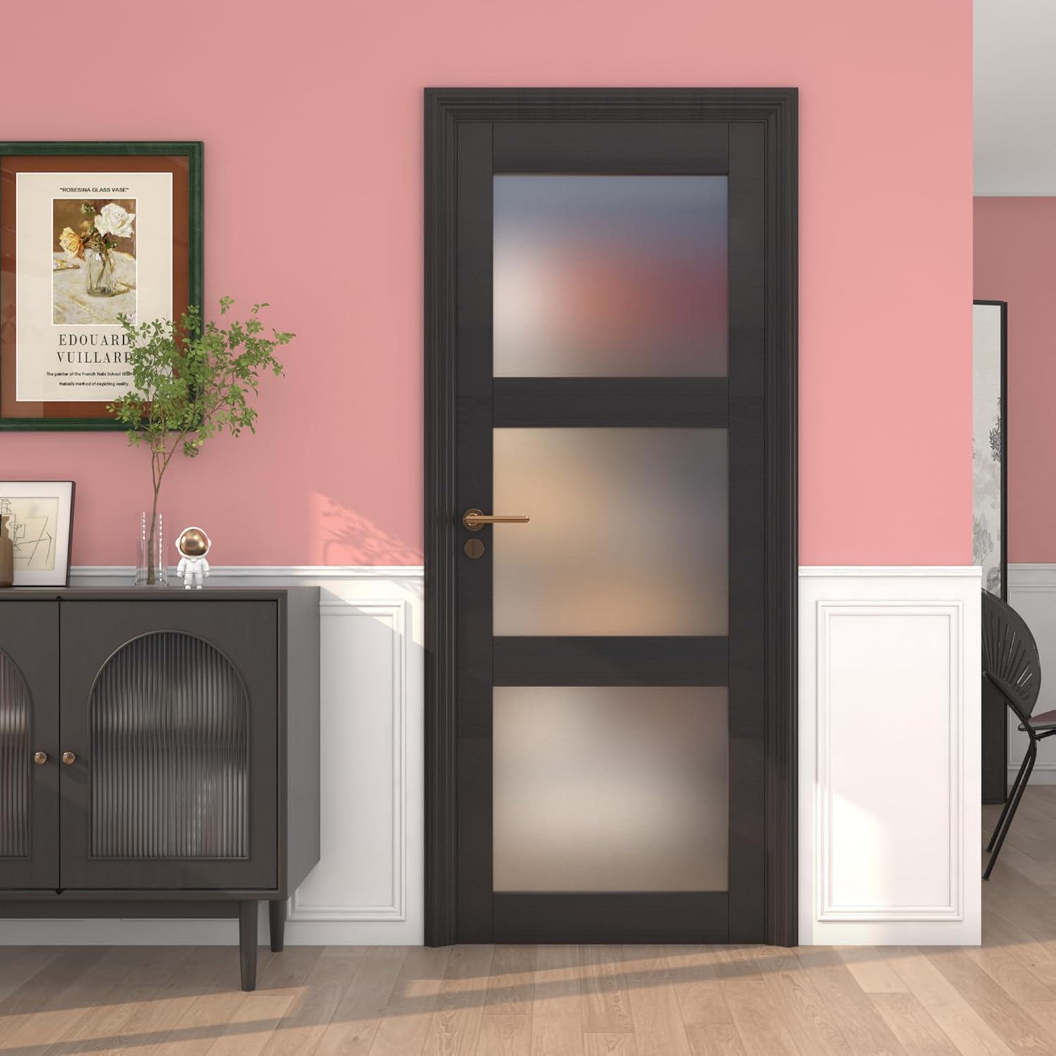 32" x 80" Frosted Glass Slab Door, 3-Lite Glass French Interior Door, Pre-Assembled Solid Wood Barn, Pocket Doors for Living Room Pantry Laundry Closet Bathroom Black Pre-Finished Surface w/o Hardware