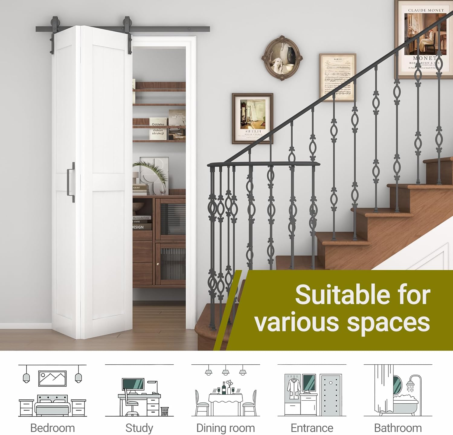 Bifold Barn Door 36 in x 84 in (Double 18 inch) with 40" Hardware Track kit Included, Double Bi-fold Sliding Doors, Solid Wood, Waterproof PVC Surface, Easy Assembly, Save Space, White