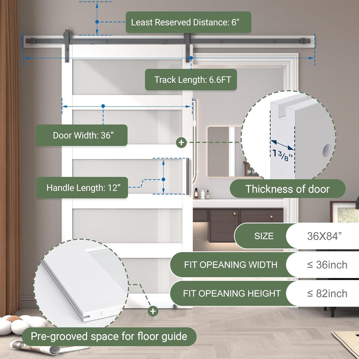 36 in x 84 in 5-Panel Glass Sliding Barn Door with 6.6FT Hardware Kit Floor Guide Included,Solid Wood Waterproof PVC Surface Pre-Drilled Holes Easy DIY,Frosted Glass for Bathroom White