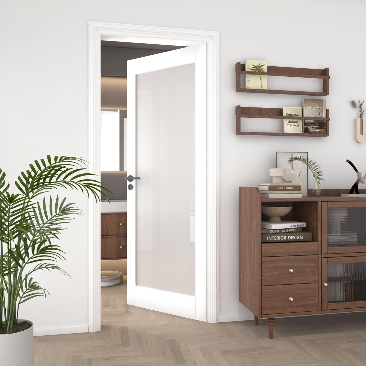 30"x 80" Frosted Glass Slab Door, 1-Panel Interior Doors Solid Wood French Door Slab DIY for Pantry Closet Laundry Bathroom White Pre-Finished Surface