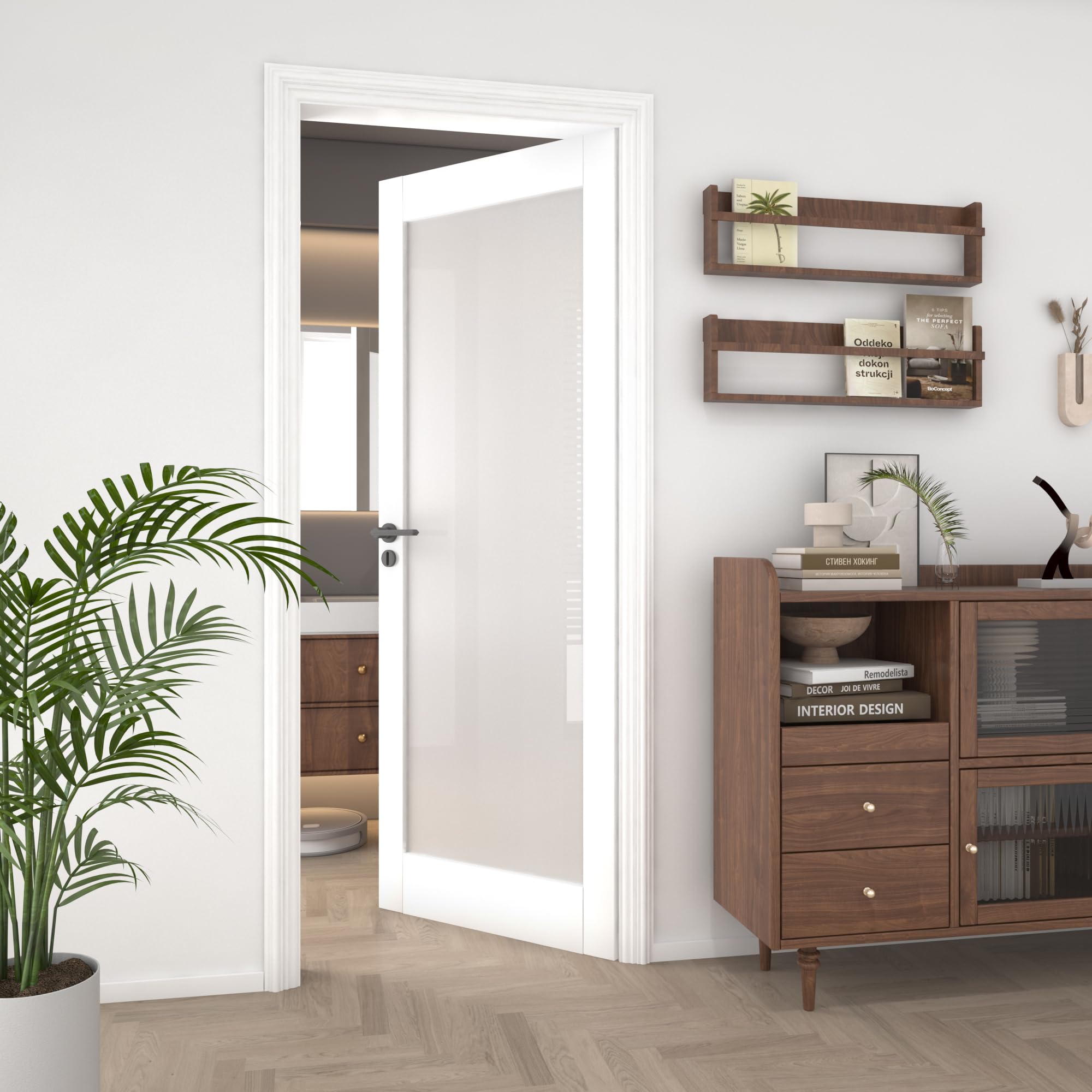 30"x 80" Frosted Glass Slab Door, 1-Panel Interior Doors Solid Wood French Door Slab DIY for Pantry Closet Laundry Bathroom White Pre-Finished Surface