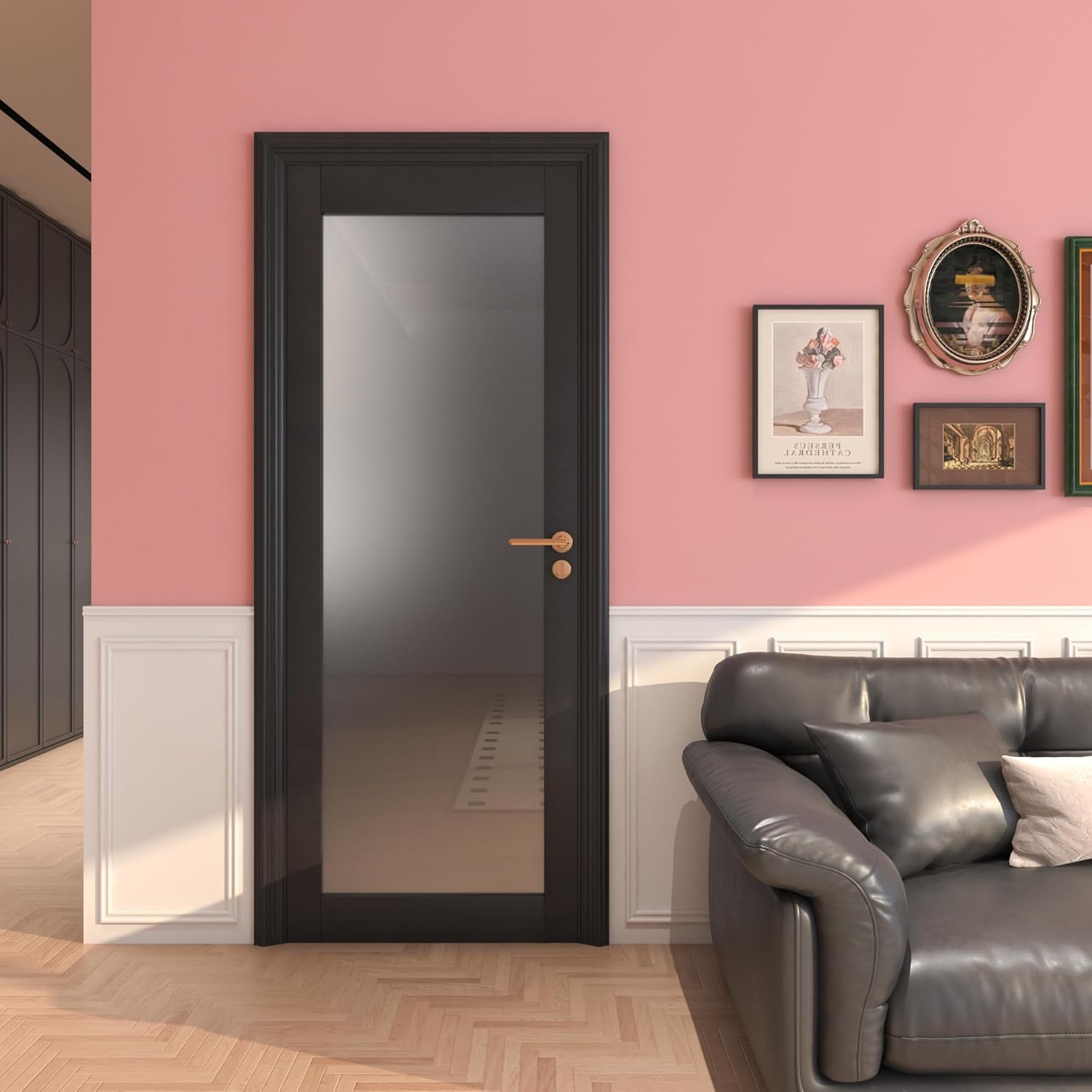 30" x 80" Frosted Glass Slab Door, 1-Lite Glass French Interior Door, Pre-Assembled Solid Wood Barn, Pocket Doors for Living Room Pantry Laundry Closet Bathroom Black Pre-Finished Surface w/o Hardware