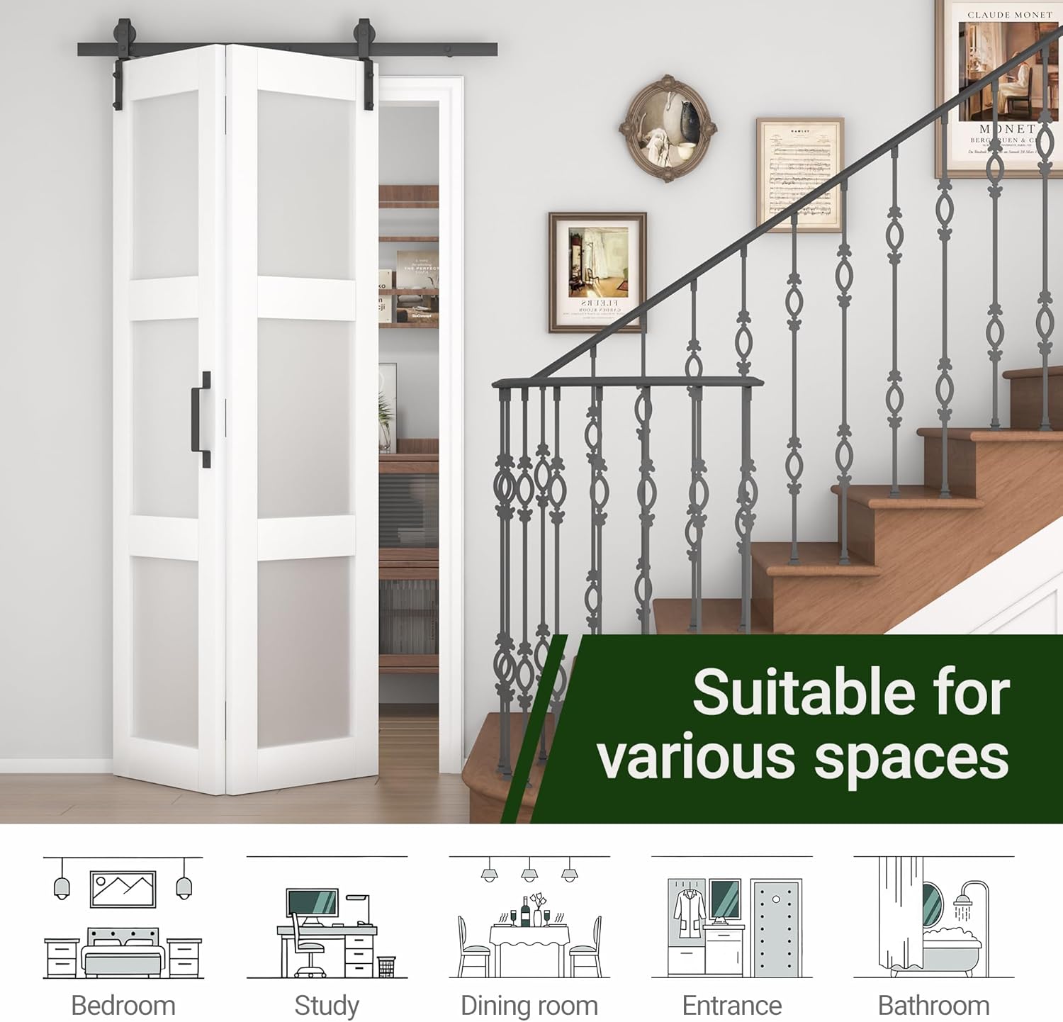 Bifold Frosted Glass Barn Door 48 in x 84 in (Double 24 inch) with 52" Hardware Track kit Included, Double Sliding Doors, Solid Wood, Waterproof PVC Surface, Easy Assembly, Save Space, White