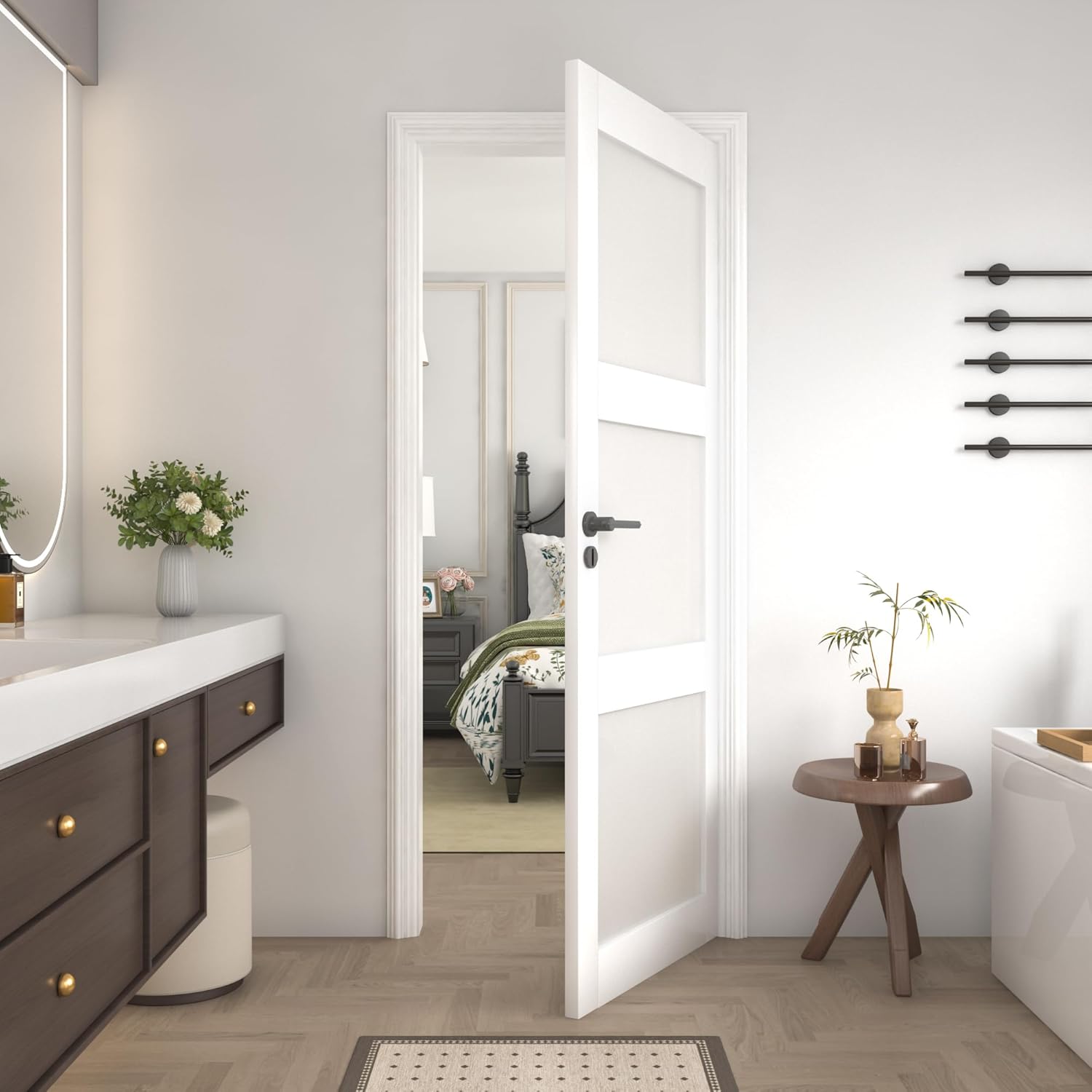 24"x 80" Frosted Glass Slab Door, 3-Panel Interior Doors Solid Wood French Door Slab DIY for Pantry Laundry Bathroom White Pre-Finished Surface