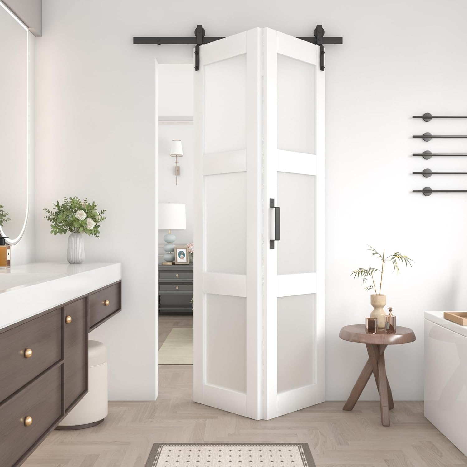 Bifold Frosted Glass Barn Door 48 in x 84 in (Double 24 inch) with 52" Hardware Track kit Included, Double Sliding Doors, Solid Wood, Waterproof PVC Surface, Easy Assembly, Save Space, White