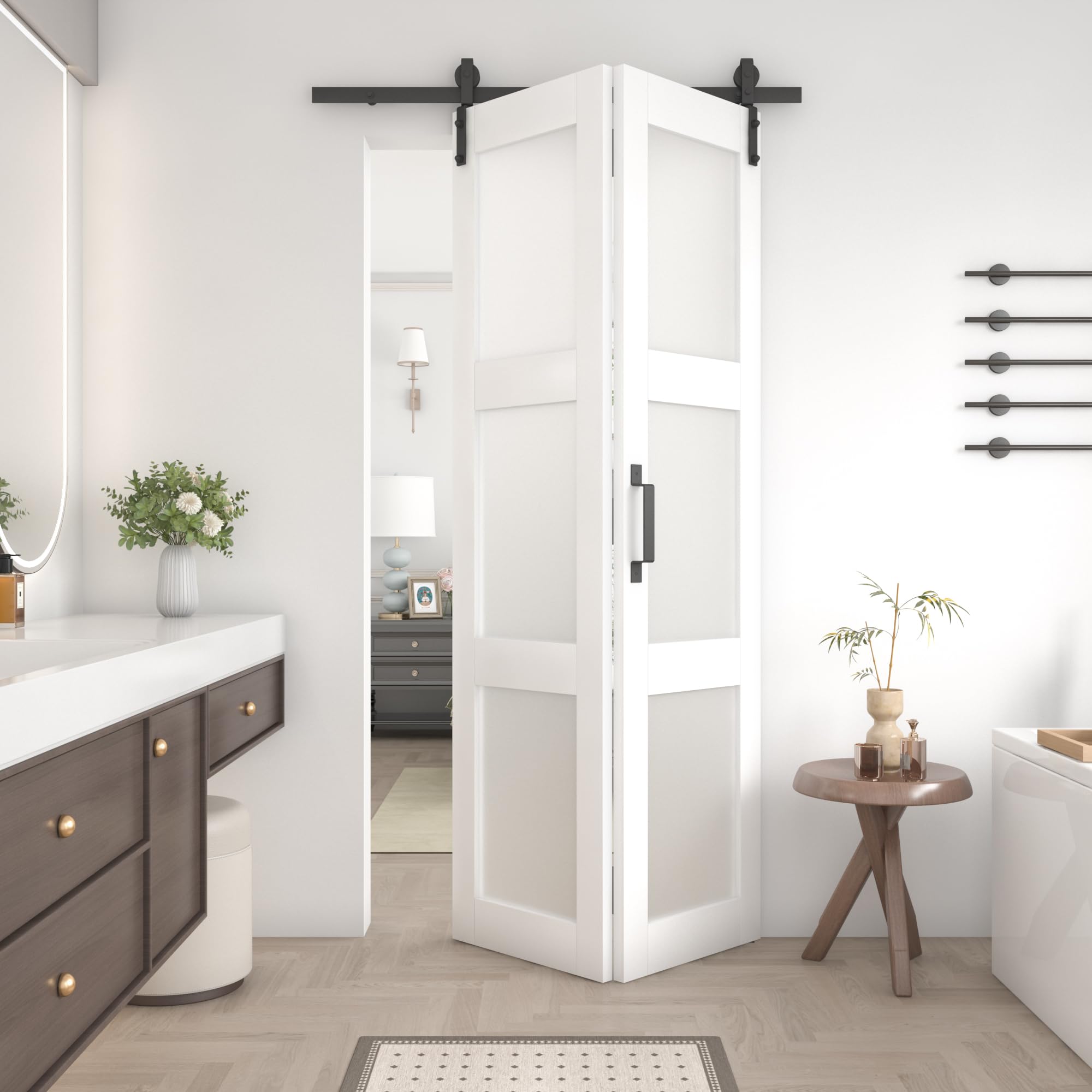 Bifold Frosted Glass Barn Door 48 in x 84 in (Double 24 inch) with 52" Hardware Track kit Included, Double Sliding Doors, Solid Wood, Waterproof PVC Surface, Easy Assembly, Save Space, White