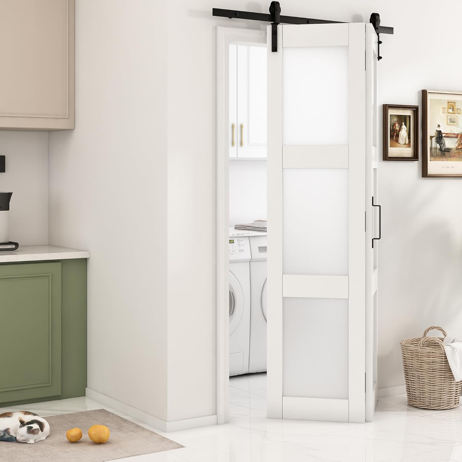Bifold Frosted Glass Barn Door 48 in x 84 in (Double 24 inch) with 52" Hardware Track kit Included, Double Sliding Doors, Solid Wood, Waterproof PVC Surface, Easy Assembly, Save Space, White