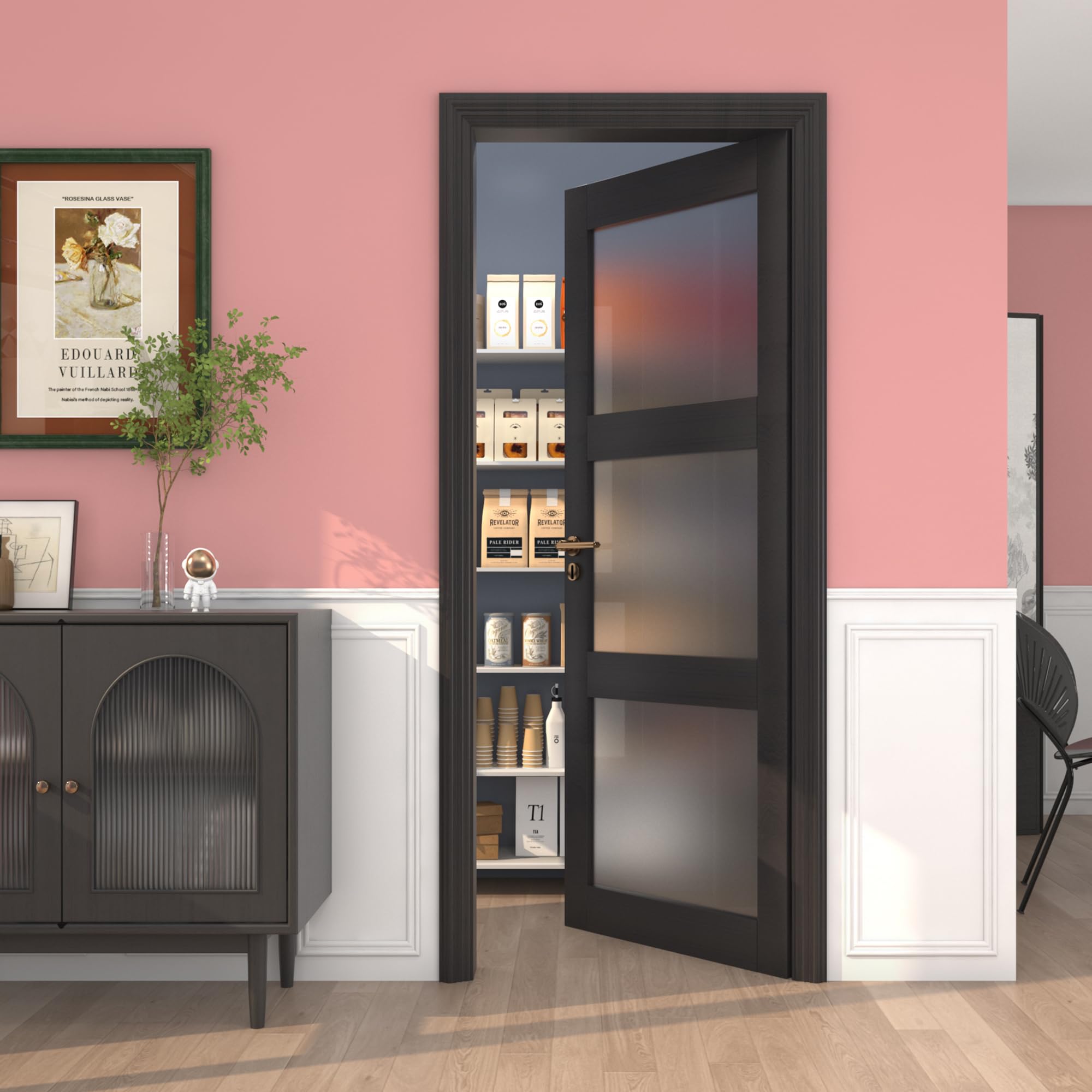 32" x 80" Frosted Glass Slab Door, 3-Lite Glass French Interior Door, Pre-Assembled Solid Wood Barn, Pocket Doors for Living Room Pantry Laundry Closet Bathroom Black Pre-Finished Surface w/o Hardware