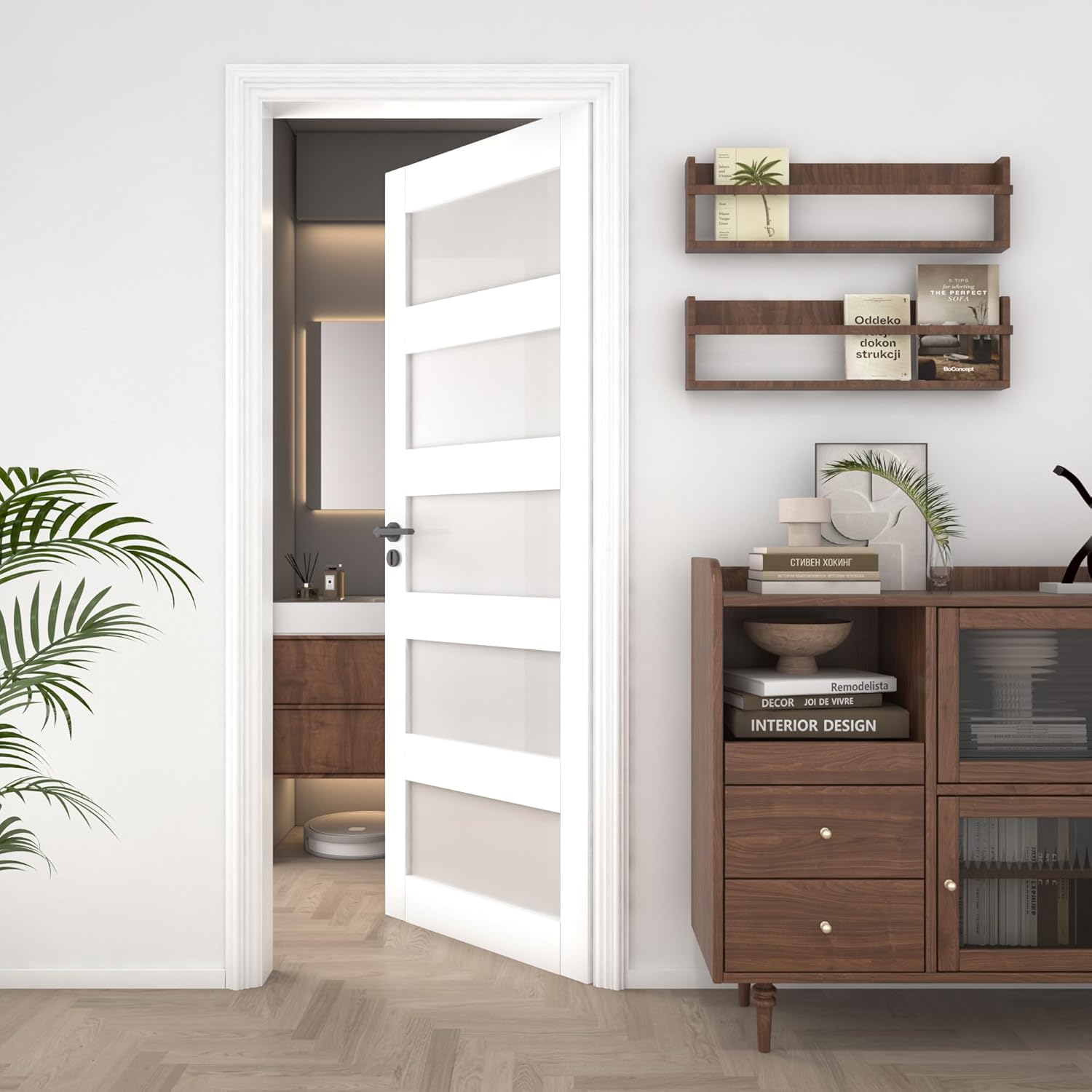 32"x 80" Frosted Glass Slab Door, 5-Panel Interior Doors Solid Wood French Door Slab DIY for Pantry Closet Laundry Bathroom White Pre-Finished Surface