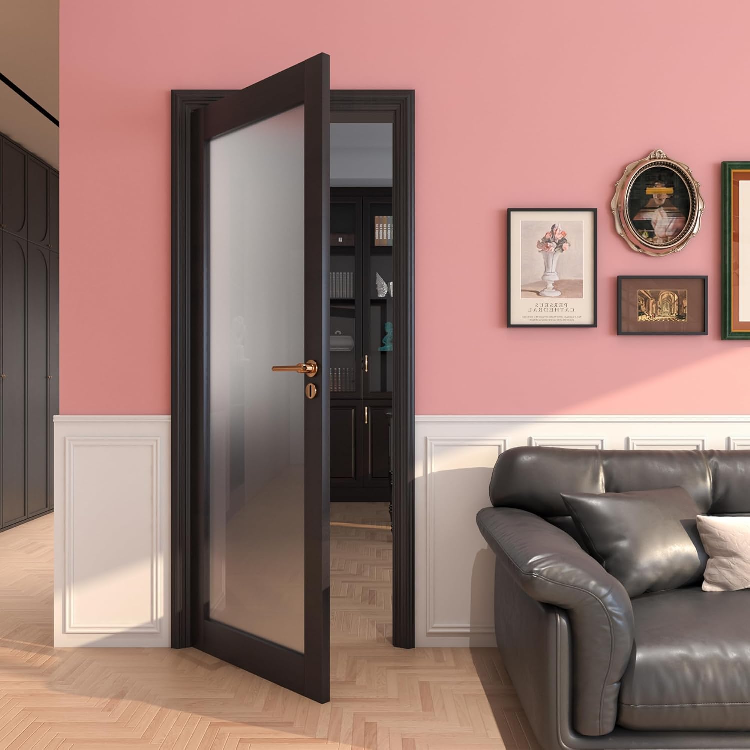 30" x 80" Frosted Glass Slab Door, 1-Lite Glass French Interior Door, Pre-Assembled Solid Wood Barn, Pocket Doors for Living Room Pantry Laundry Closet Bathroom Black Pre-Finished Surface w/o Hardware