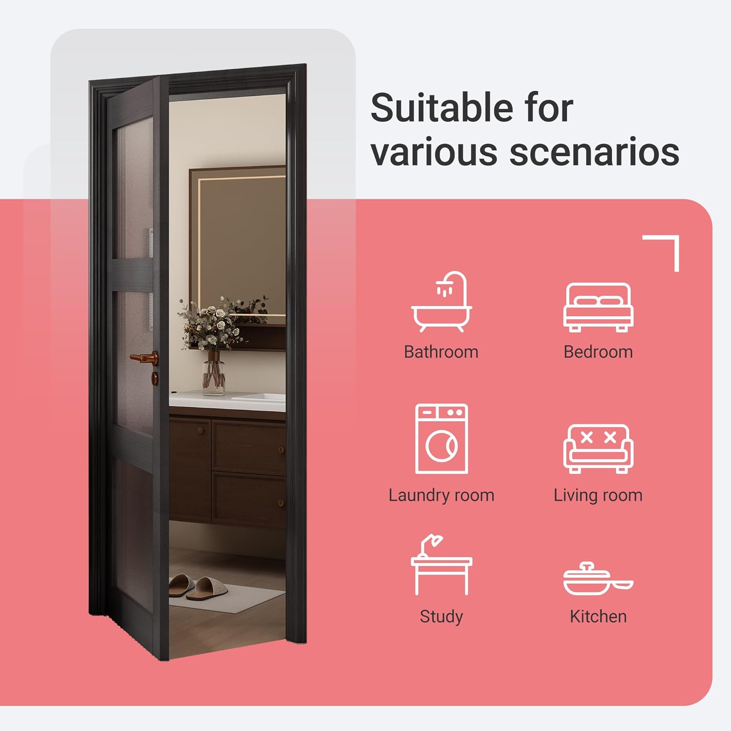 32" x 80" Frosted Glass Slab Door, 3-Lite Glass French Interior Door, Pre-Assembled Solid Wood Barn, Pocket Doors for Living Room Pantry Laundry Closet Bathroom Black Pre-Finished Surface w/o Hardware