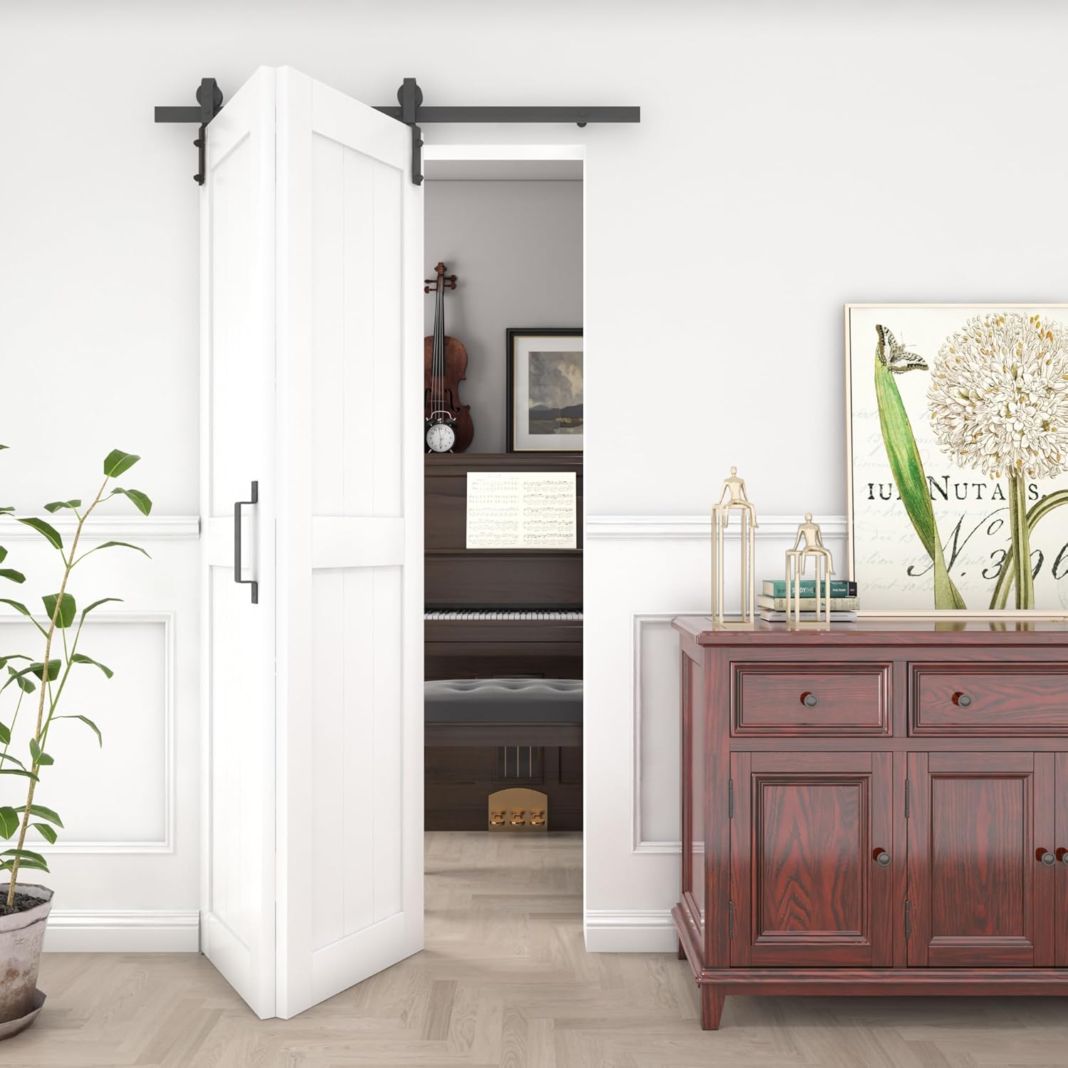 Bifold Barn Door 36 in x 84 in (Double 18 inch) with 40" Hardware Track kit Included, Double Bi-fold Sliding Doors, Solid Wood, Waterproof PVC Surface, Easy Assembly, Save Space, White