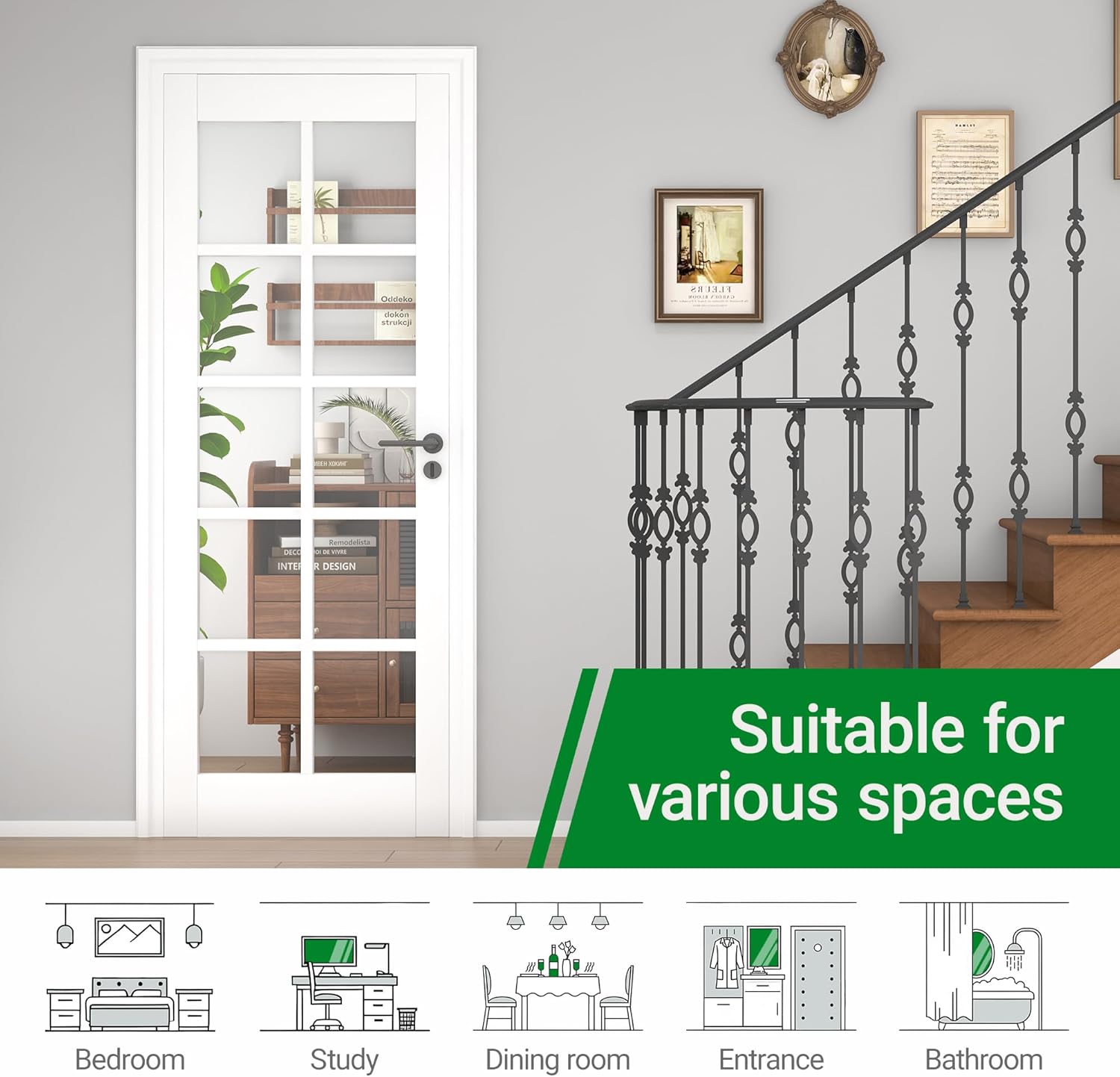 30"x 80" Clear Glass Slab Door, 10-Lite Interior Doors Solid Wood French Door Slab DIY for Pantry Closet Laundry Bathroom White Pre-Finished Surface