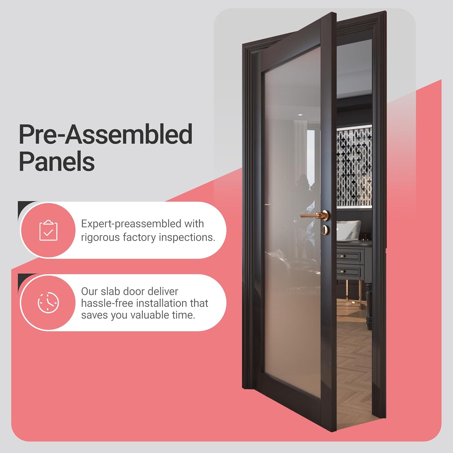 30" x 80" Frosted Glass Slab Door, 1-Lite Glass French Interior Door, Pre-Assembled Solid Wood Barn, Pocket Doors for Living Room Pantry Laundry Closet Bathroom Black Pre-Finished Surface w/o Hardware