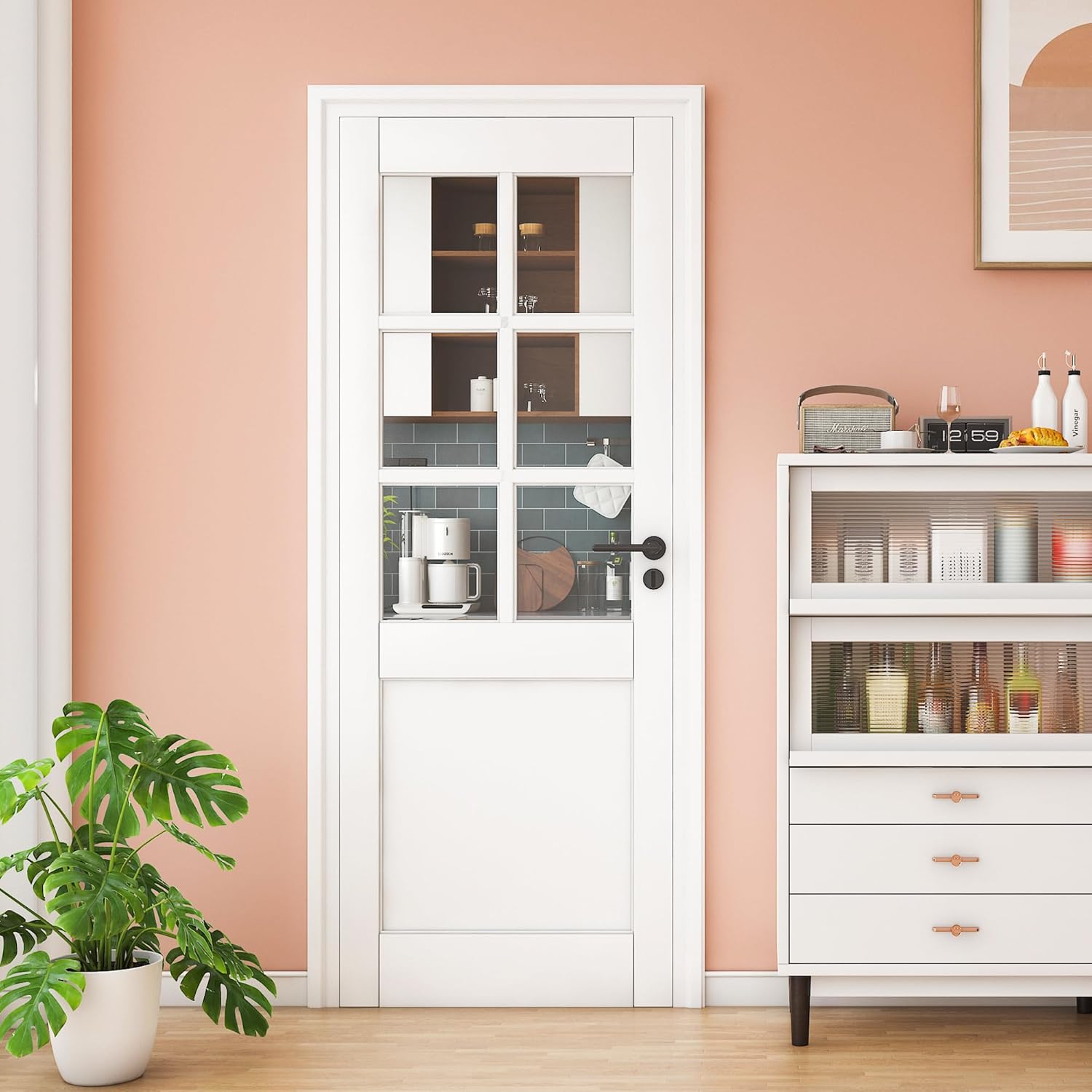 28" x 96" Clear Glass Slab Door, 6-Lite Glass French Interior Door, Pre-Assembled 1-Panel Solid Wood Barn, Pocket Doors for Living Room Pantry Laundry Closet White Pre-Finished Surface w/o Hardware