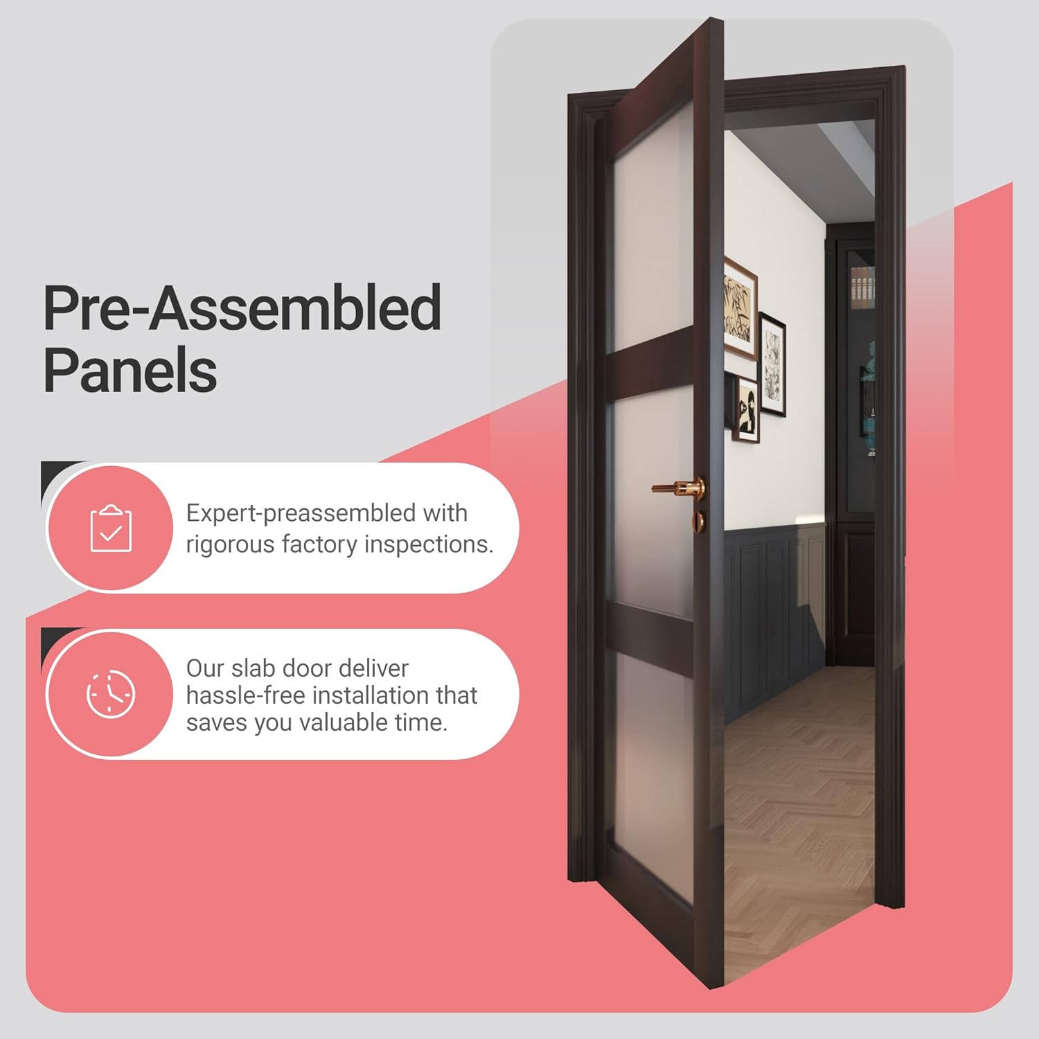 32" x 80" Frosted Glass Slab Door, 3-Lite Glass French Interior Door, Pre-Assembled Solid Wood Barn, Pocket Doors for Living Room Pantry Laundry Closet Bathroom Black Pre-Finished Surface w/o Hardware