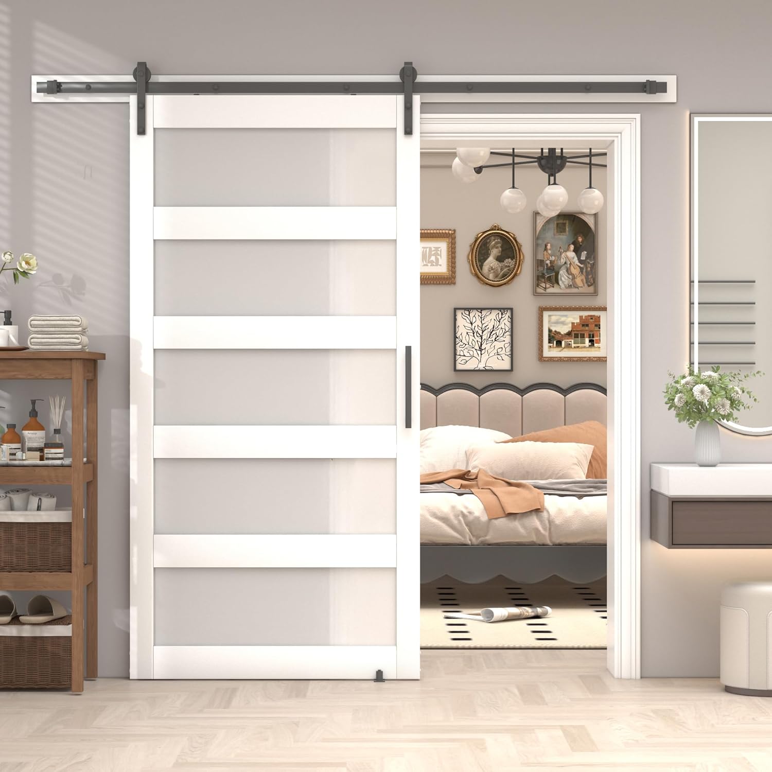 36 in x 84 in 5-Panel Glass Sliding Barn Door with 6.6FT Hardware Kit Floor Guide Included,Solid Wood Waterproof PVC Surface Pre-Drilled Holes Easy DIY,Frosted Glass for Bathroom White