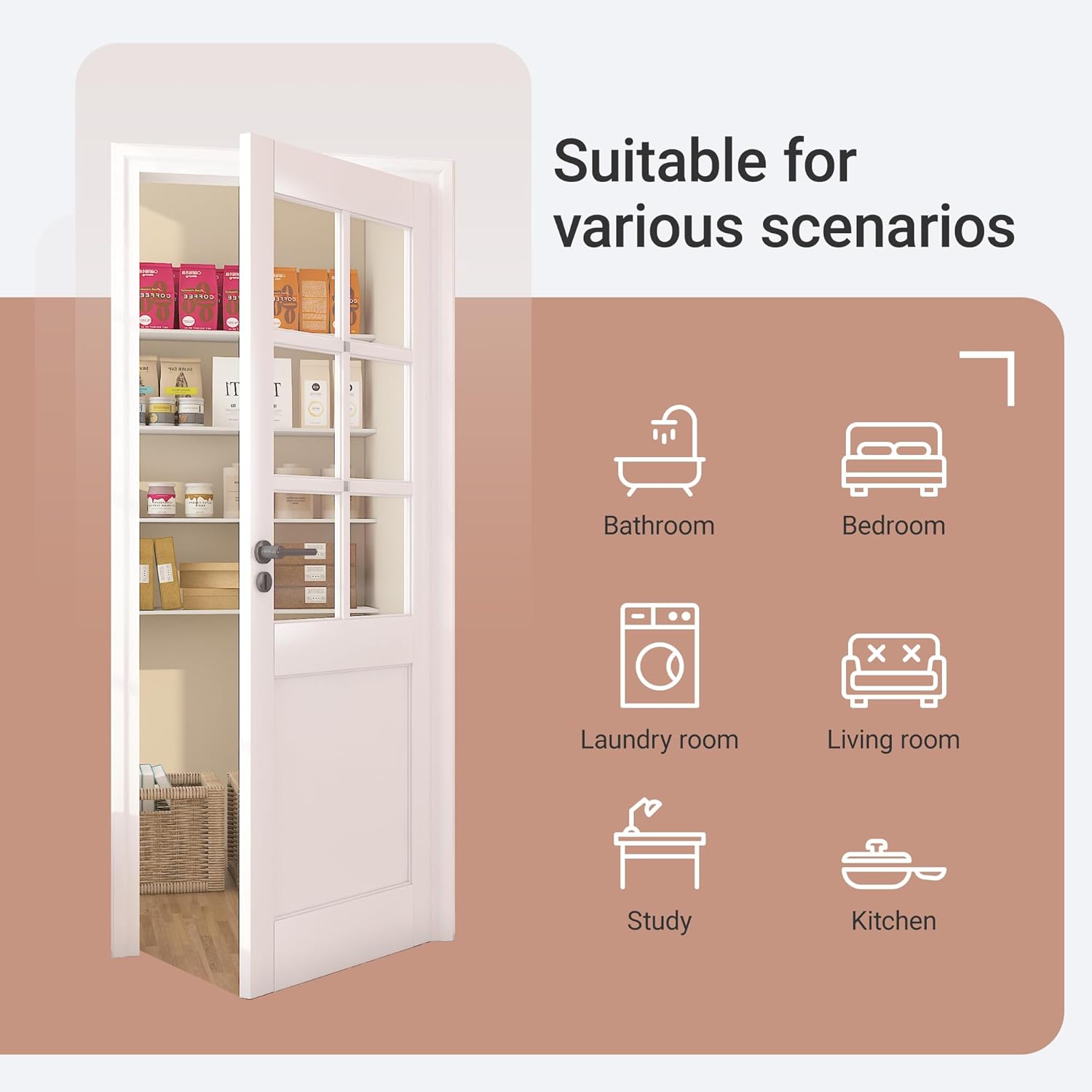 28" x 96" Clear Glass Slab Door, 6-Lite Glass French Interior Door, Pre-Assembled 1-Panel Solid Wood Barn, Pocket Doors for Living Room Pantry Laundry Closet White Pre-Finished Surface w/o Hardware