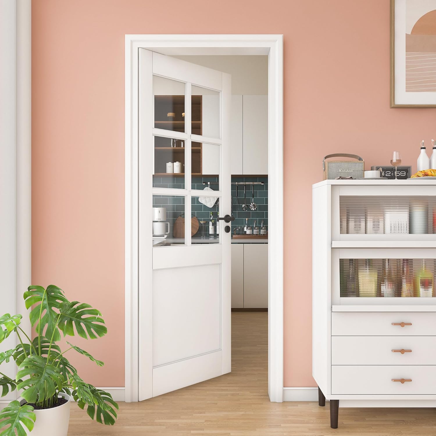 28" x 96" Clear Glass Slab Door, 6-Lite Glass French Interior Door, Pre-Assembled 1-Panel Solid Wood Barn, Pocket Doors for Living Room Pantry Laundry Closet White Pre-Finished Surface w/o Hardware