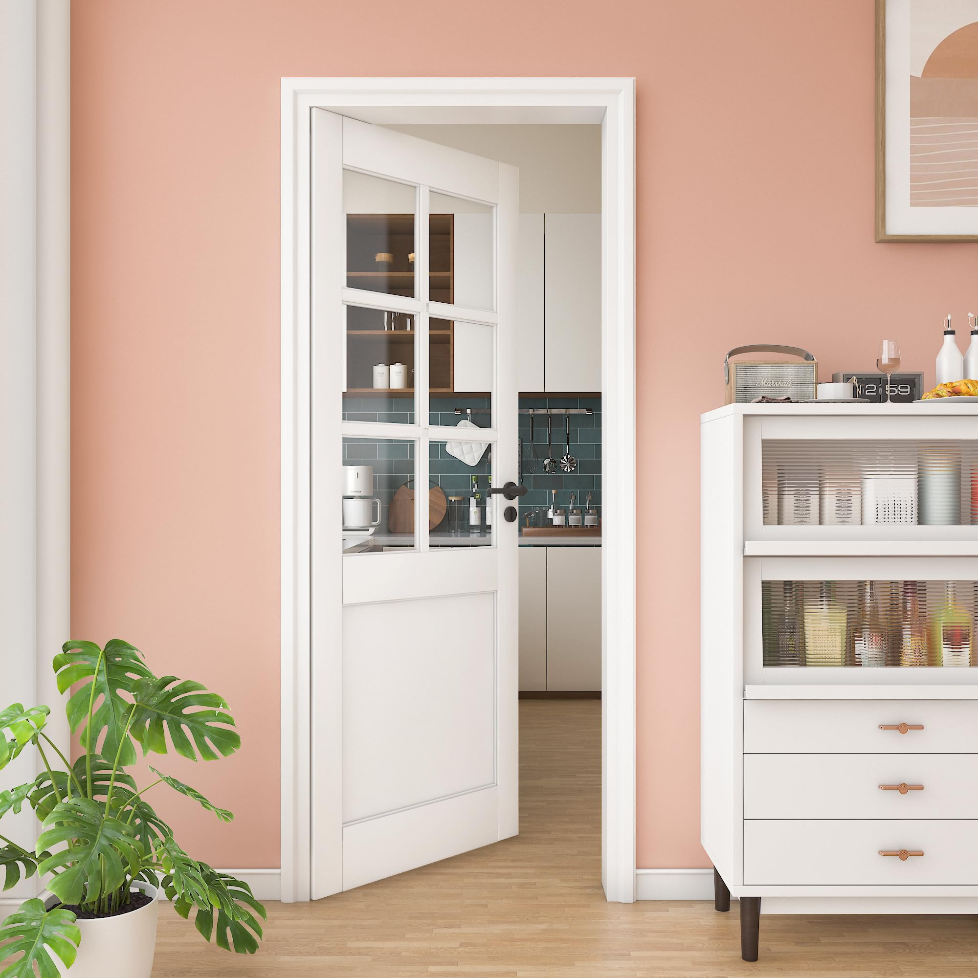 28" x 96" Clear Glass Slab Door, 6-Lite Glass French Interior Door, Pre-Assembled 1-Panel Solid Wood Barn, Pocket Doors for Living Room Pantry Laundry Closet White Pre-Finished Surface w/o Hardware