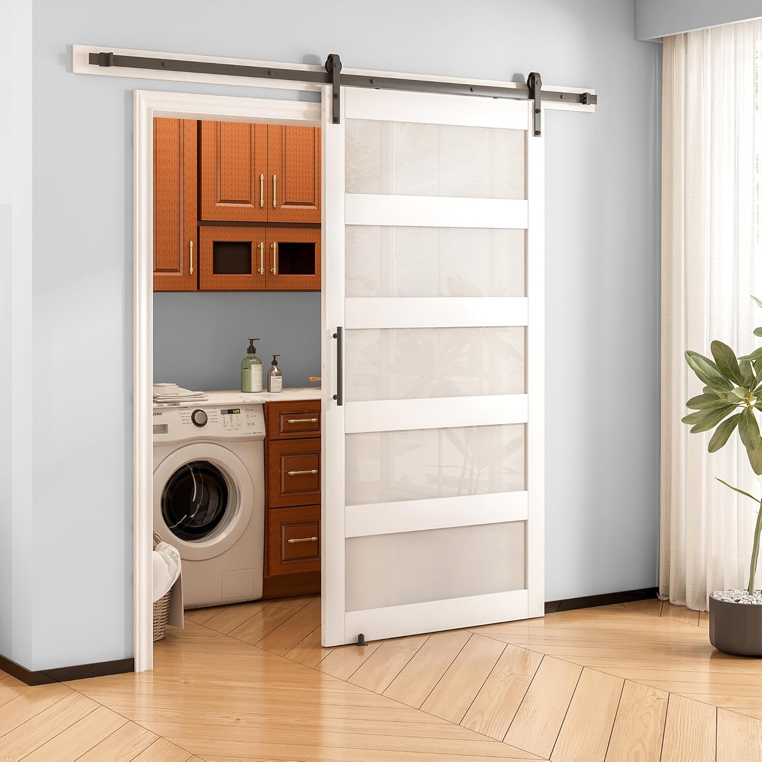 36 in x 84 in 5-Panel Glass Sliding Barn Door with 6.6FT Hardware Kit Floor Guide Included,Solid Wood Waterproof PVC Surface Pre-Drilled Holes Easy DIY,Frosted Glass for Bathroom White