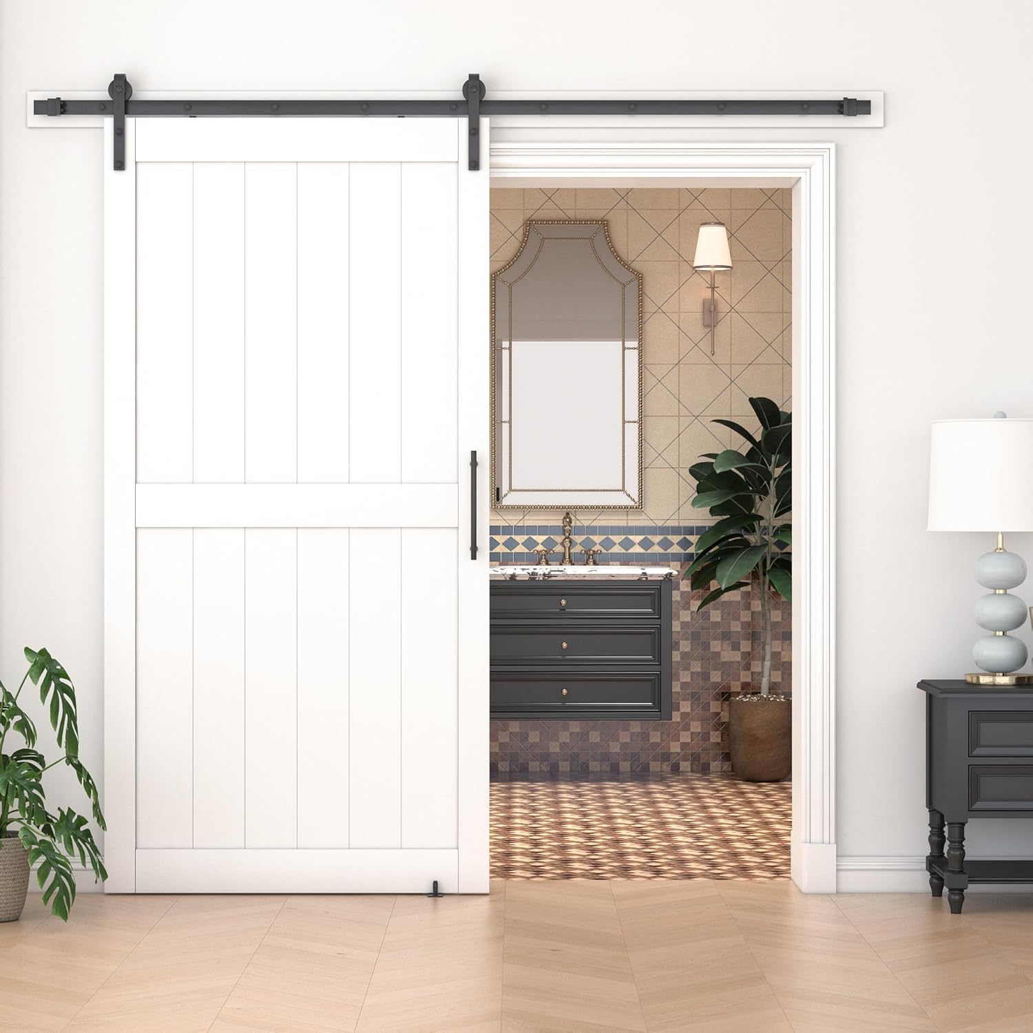 36 in x 84 in White Sliding Barn Door with 6FT Hardware Kit, Floor Guide and Handle Included, Waterproof PVC Surface, Pre-Drilled Holes Easy Assembly, H-Frame White