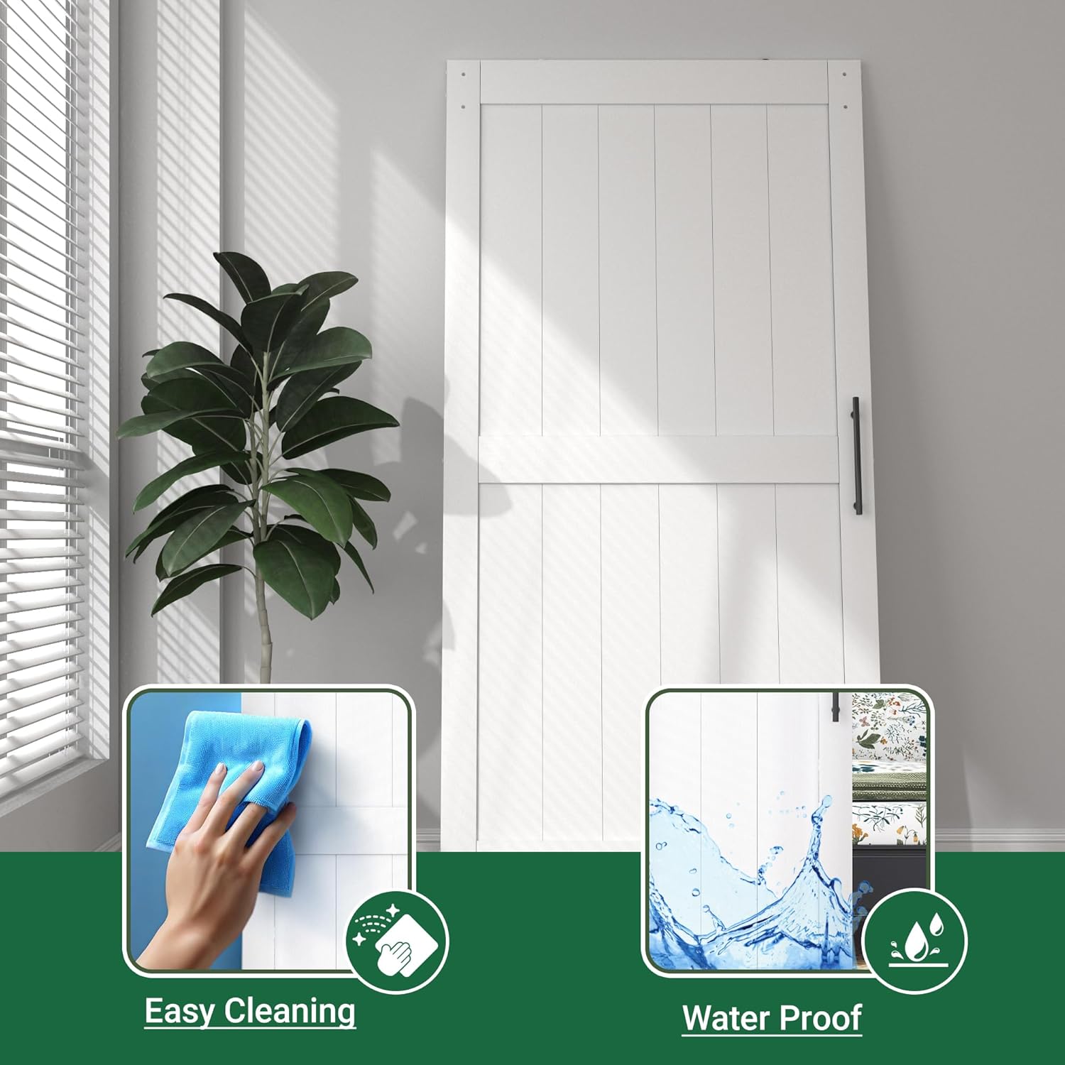 36 in x 84 in White Sliding Barn Door with 6FT Hardware Kit, Floor Guide and Handle Included, Waterproof PVC Surface, Pre-Drilled Holes Easy Assembly, H-Frame White