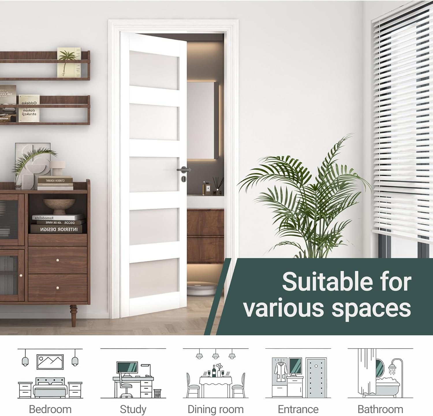 32"x 80" Frosted Glass Slab Door, 5-Panel Interior Doors Solid Wood French Door Slab DIY for Pantry Closet Laundry Bathroom White Pre-Finished Surface