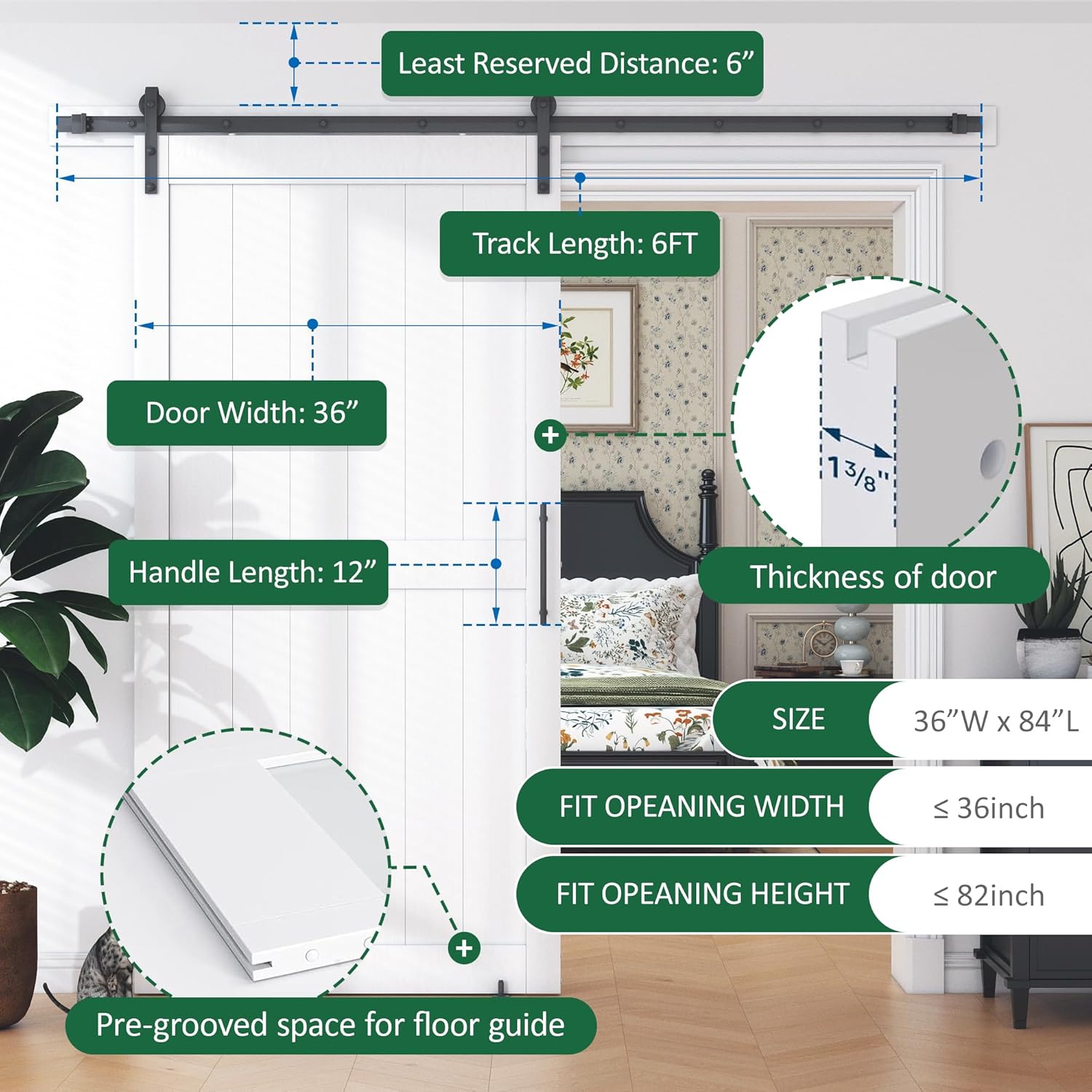 36 in x 84 in White Sliding Barn Door with 6FT Hardware Kit, Floor Guide and Handle Included, Waterproof PVC Surface, Pre-Drilled Holes Easy Assembly, H-Frame White