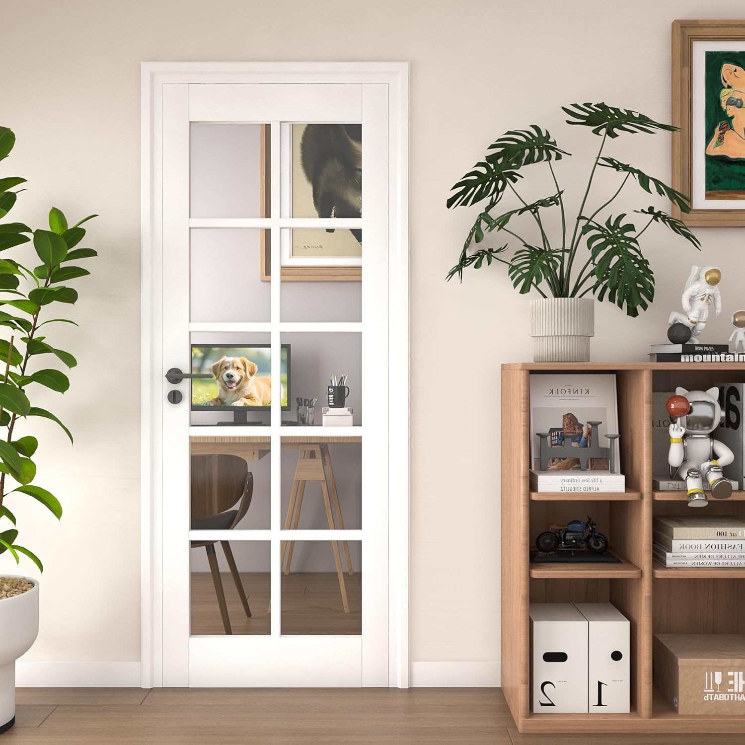 30"x 80" Clear Glass Slab Door, 10-Lite Interior Doors Solid Wood French Door Slab DIY for Pantry Closet Laundry Bathroom White Pre-Finished Surface