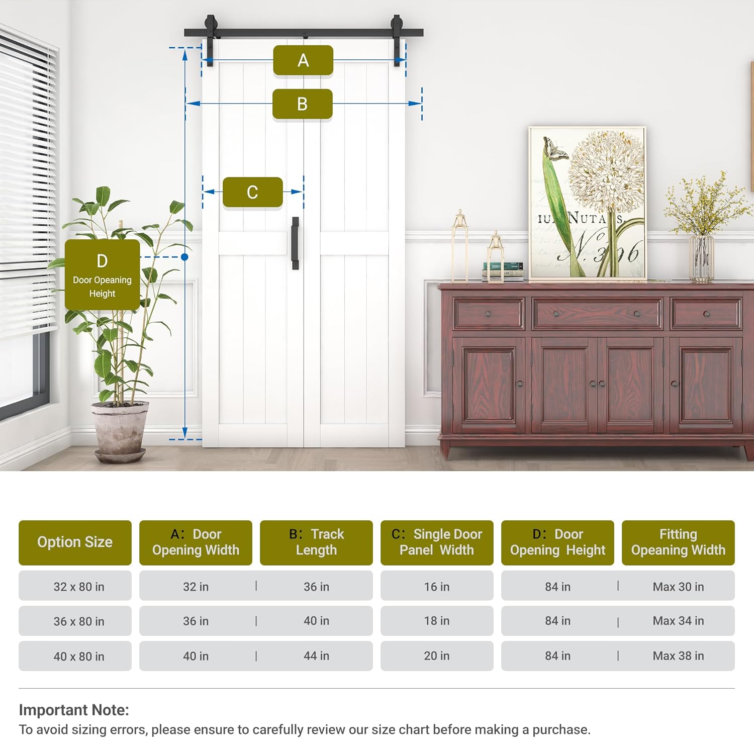 Bifold Barn Door 36 in x 84 in (Double 18 inch) with 40" Hardware Track kit Included, Double Bi-fold Sliding Doors, Solid Wood, Waterproof PVC Surface, Easy Assembly, Save Space, White