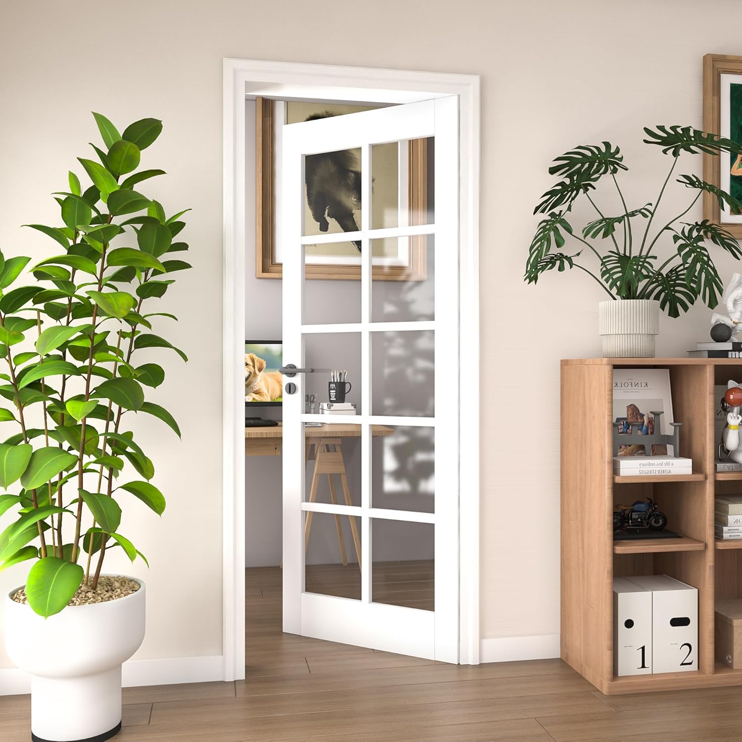 30"x 80" Clear Glass Slab Door, 10-Lite Interior Doors Solid Wood French Door Slab DIY for Pantry Closet Laundry Bathroom White Pre-Finished Surface