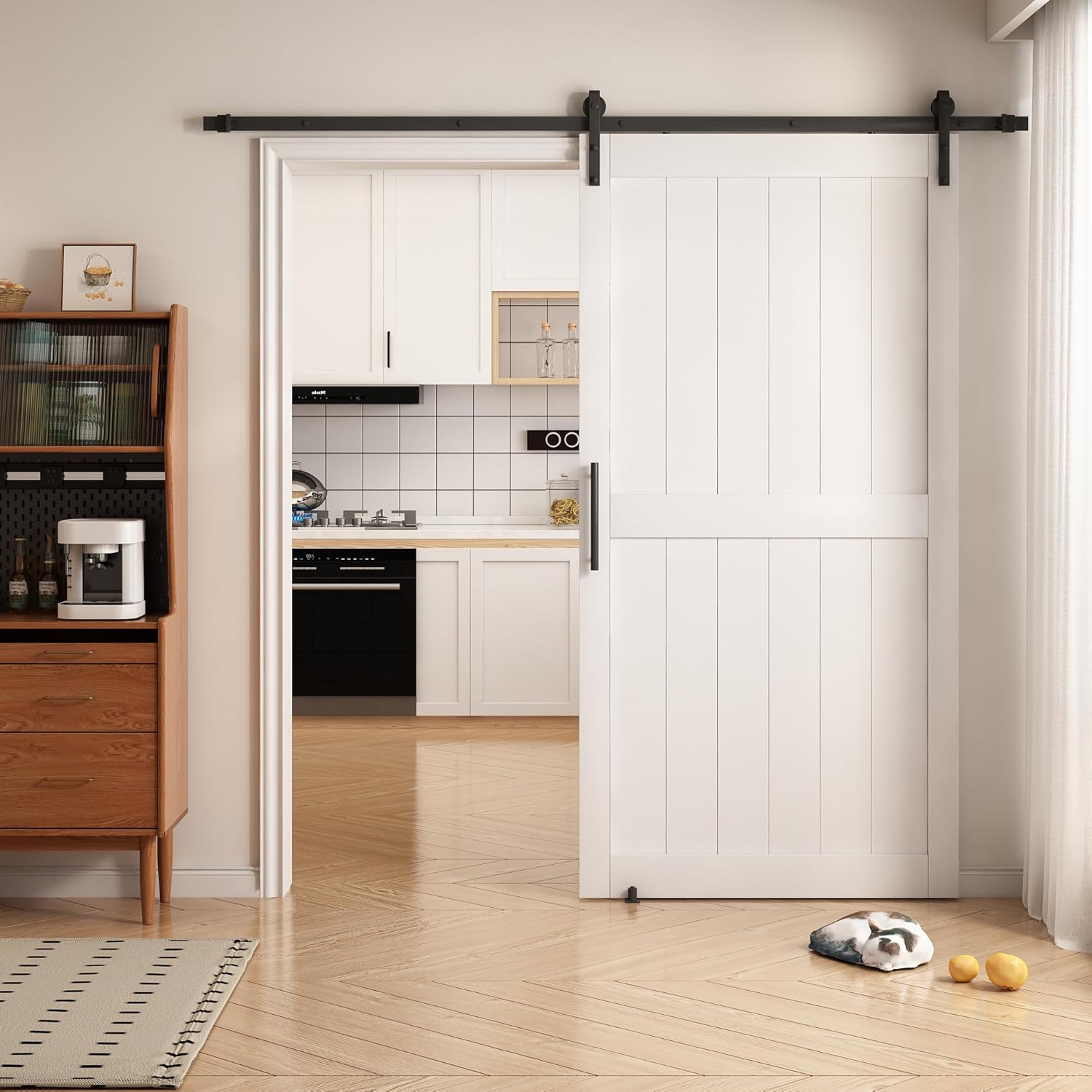 36 in x 84 in White Sliding Barn Door with 6FT Hardware Kit, Floor Guide and Handle Included, Waterproof PVC Surface, Pre-Drilled Holes Easy Assembly, H-Frame White