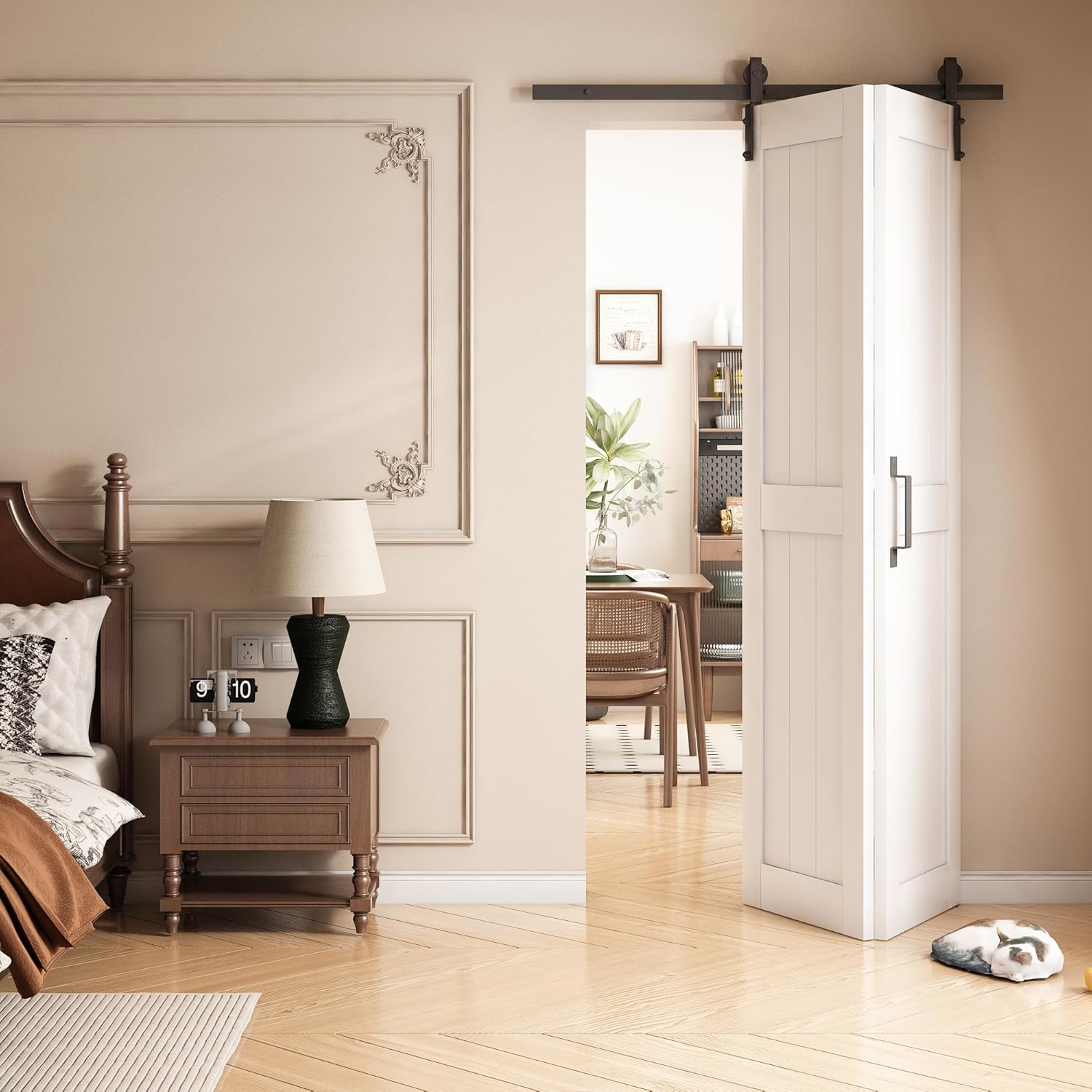 Bifold Barn Door 36 in x 84 in (Double 18 inch) with 40" Hardware Track kit Included, Double Bi-fold Sliding Doors, Solid Wood, Waterproof PVC Surface, Easy Assembly, Save Space, White