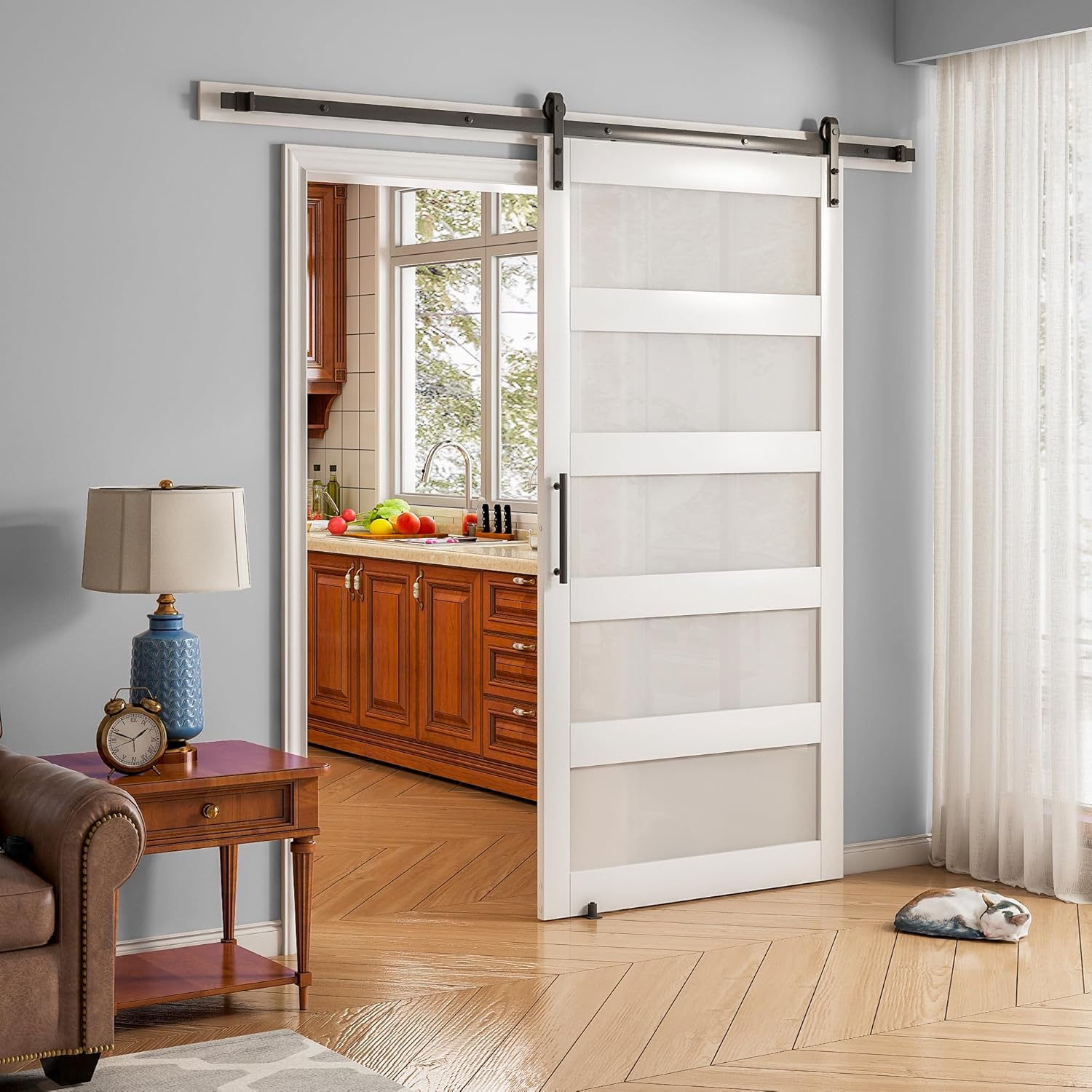 36 in x 84 in 5-Panel Glass Sliding Barn Door with 6.6FT Hardware Kit Floor Guide Included,Solid Wood Waterproof PVC Surface Pre-Drilled Holes Easy DIY,Frosted Glass for Bathroom White